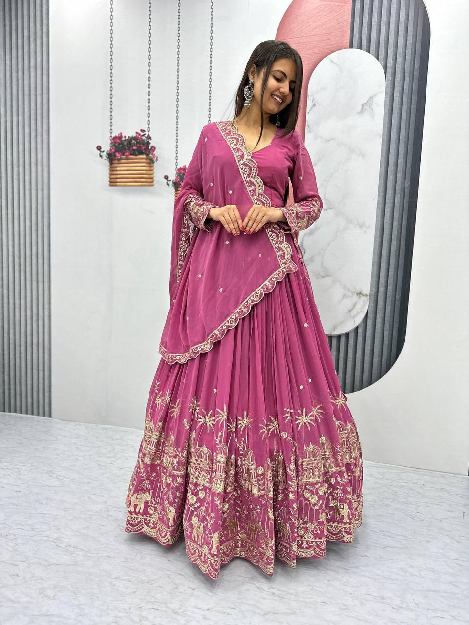 Women's Peach Georgette Embroidery Lehenga Set - Harvi Trendz