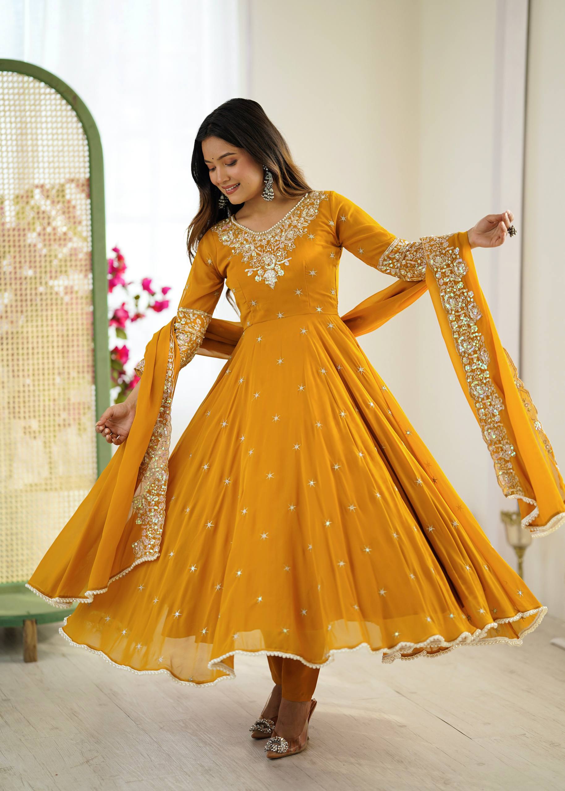 Women's Yellow Georgette Embroidery Anarkali Set Yellow / XXL | Trendia Global Women's Yellow Georgette Embroidery Anarkali Set Yellow / XXL | Trendia Global