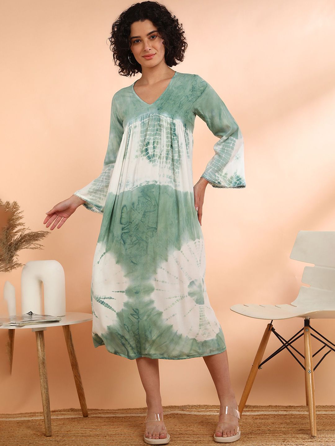 Women's Green Rayon Printed V-Neck Dress Trendia Women's Green Rayon Printed V-Neck Dress Trendia