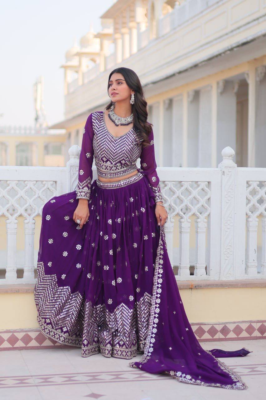 Women's Purple Georgette Embroidery Lehenga Set - Harvi Trendz