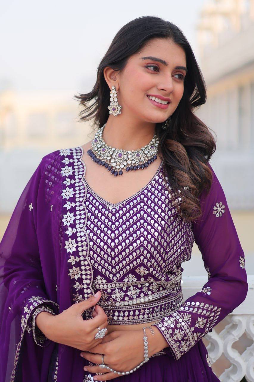 Women's Purple Georgette Embroidery Lehenga Set - Harvi Trendz