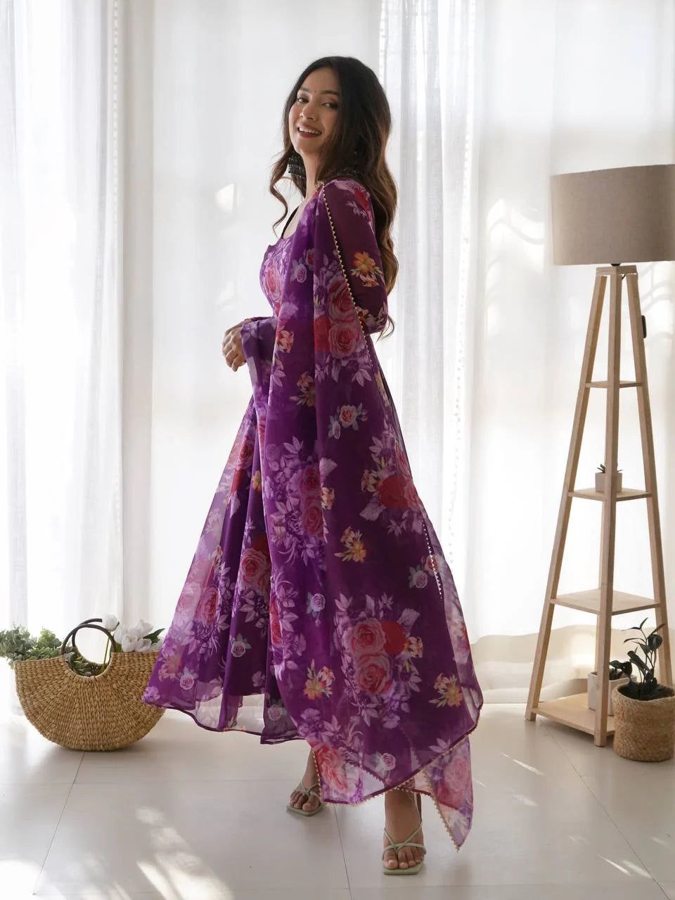 Women's Floral Printed Knee Length Elbow Length Sleeves Round Neck Kurti And Palazzo Set With Net Dupatta
