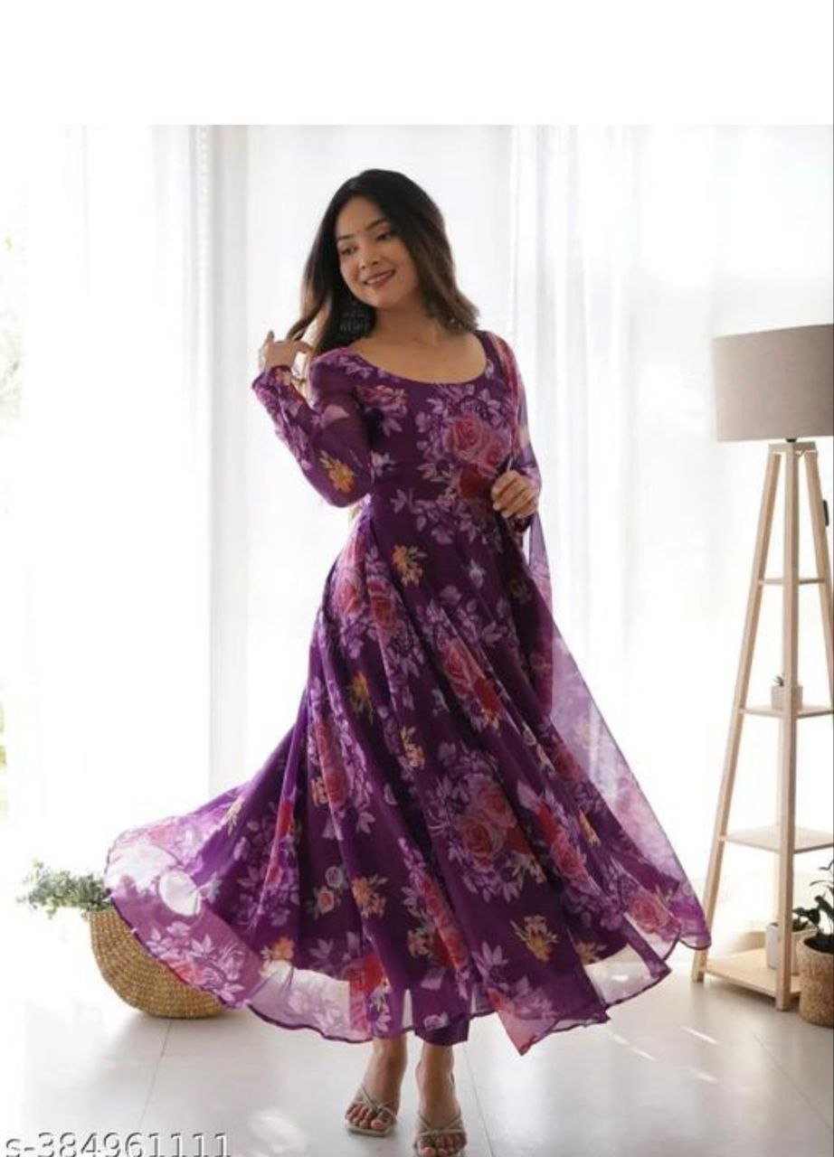 Women's Floral Printed Knee Length Elbow Length Sleeves Round Neck Kurti And Palazzo Set With Net Dupatta