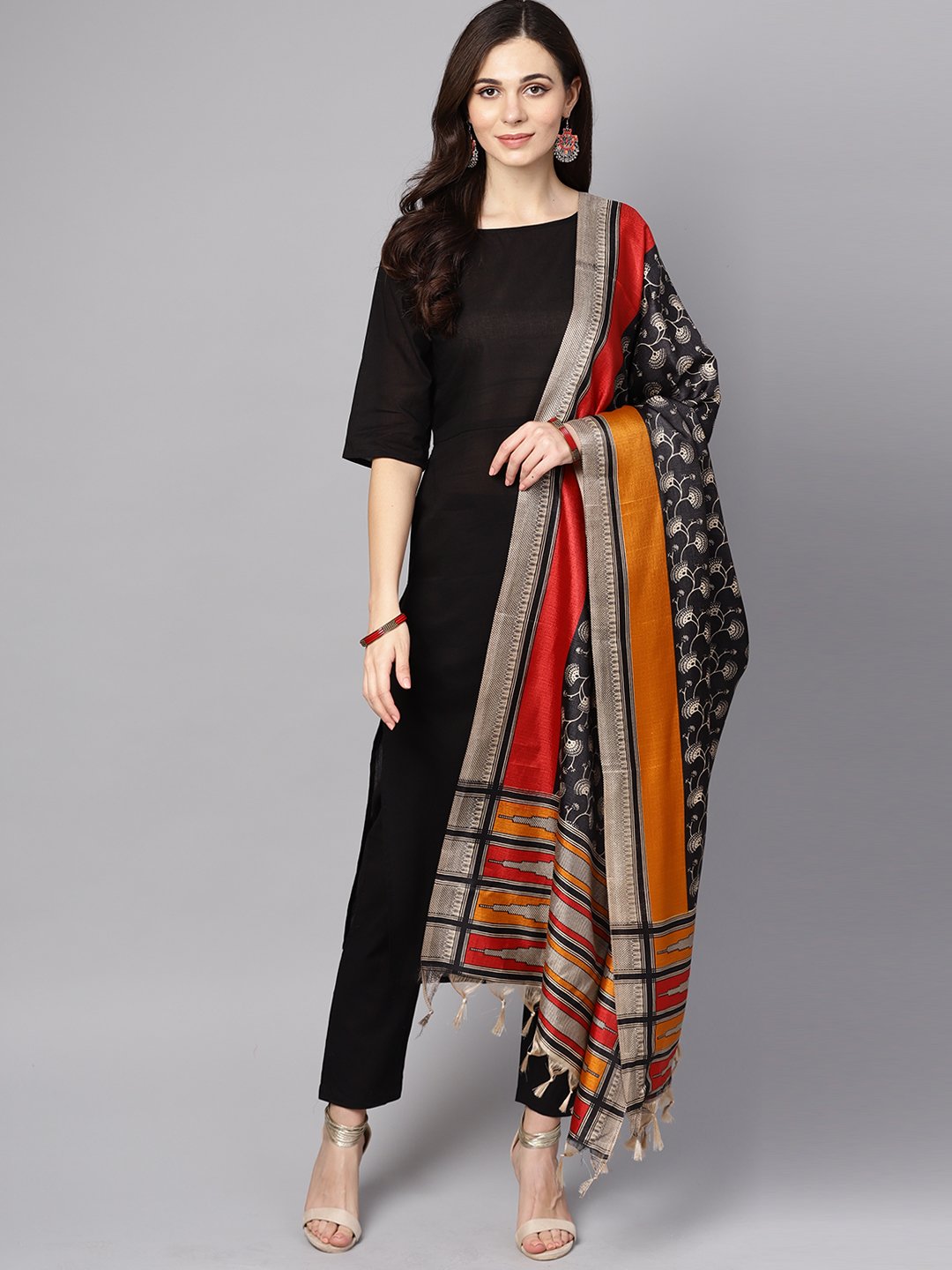 Women's Black 3/4Th Sleeve Cotton Kurta With Palazzo And Printed Dupatta - Final Clearance Sale