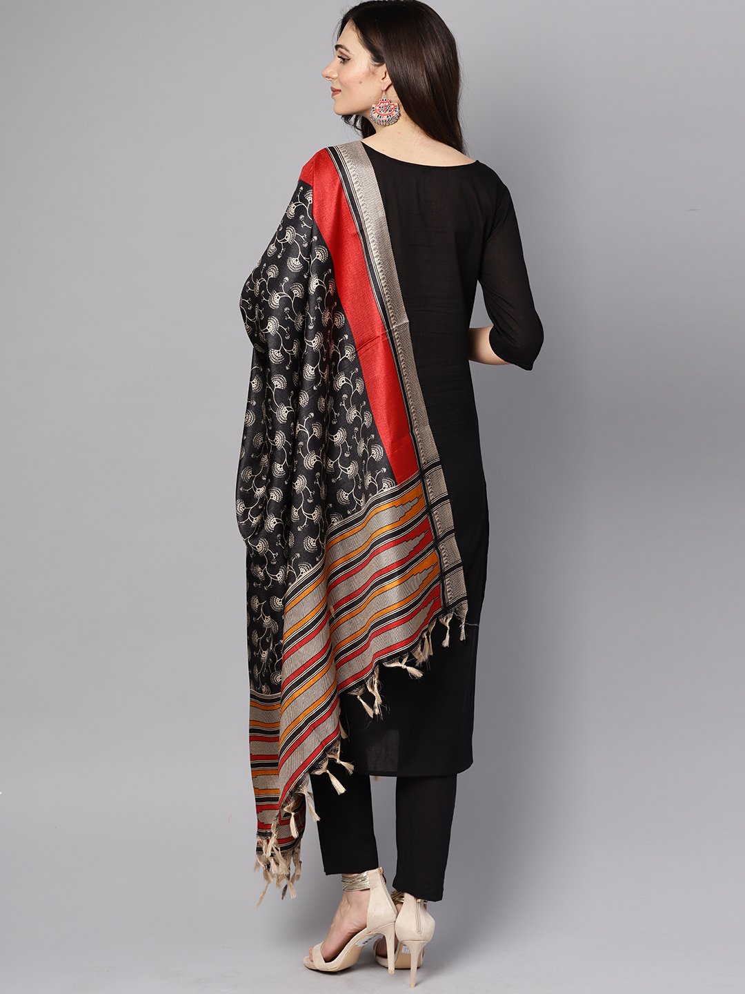 Women's Black 3/4Th Sleeve Cotton Kurta With Palazzo And Printed Dupatta - Final Clearance Sale