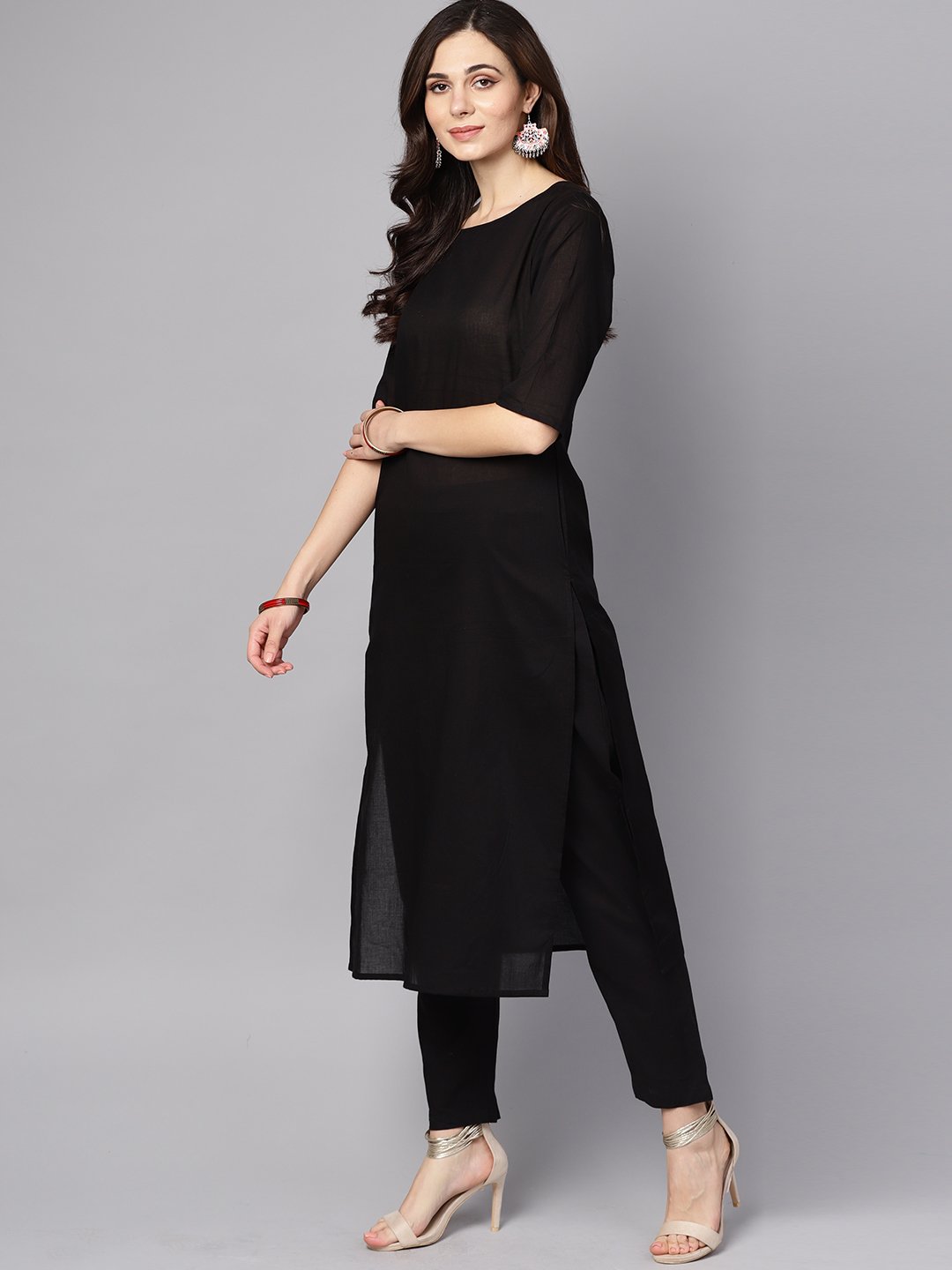 Women's Black 3/4Th Sleeve Cotton Kurta With Palazzo And Printed Dupatta - Nayo Clothing USA