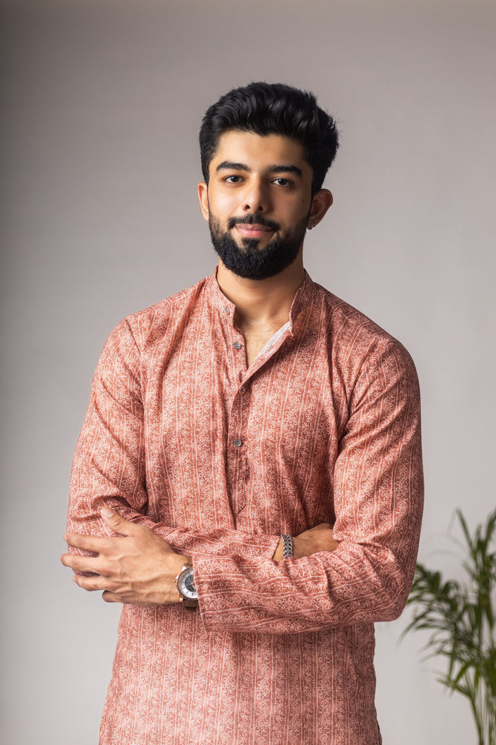 Women's Rust Blended Linen Designer Printed Festive Wear Men's Kurta Payjama