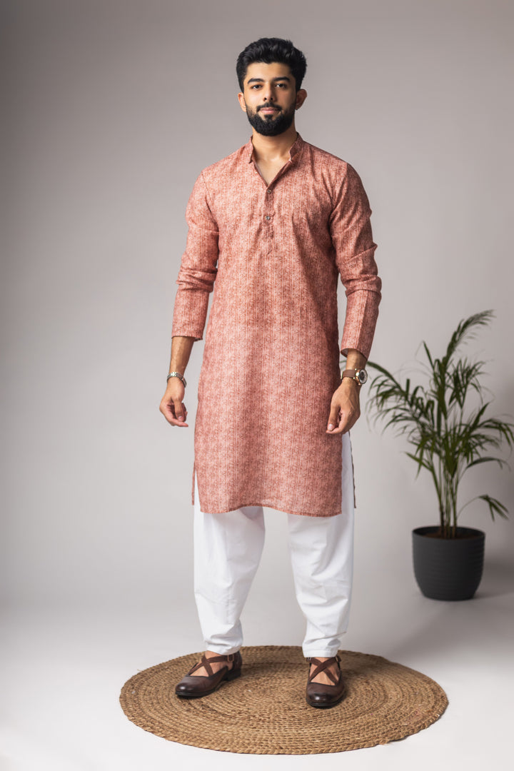 Women's Rust Blended Linen Designer Printed Festive Wear Men's Kurta Payjama
