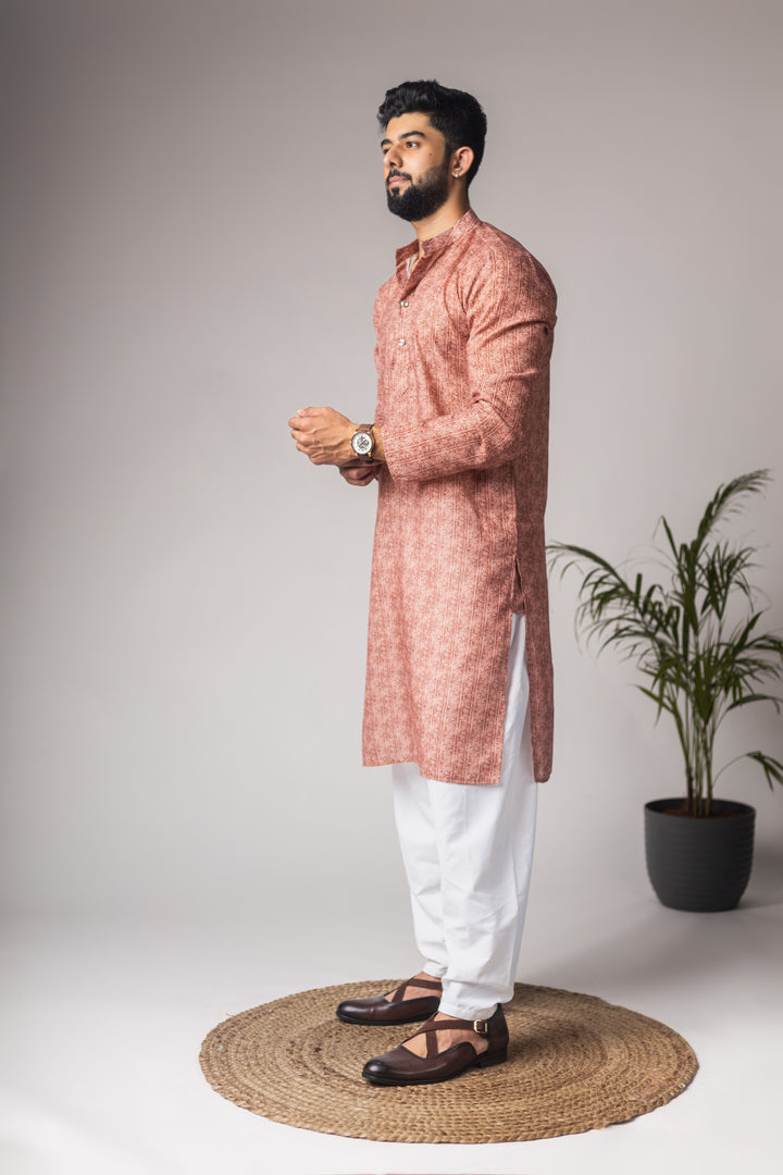 Women's Rust Blended Linen Designer Printed Festive Wear Men's Kurta Payjama