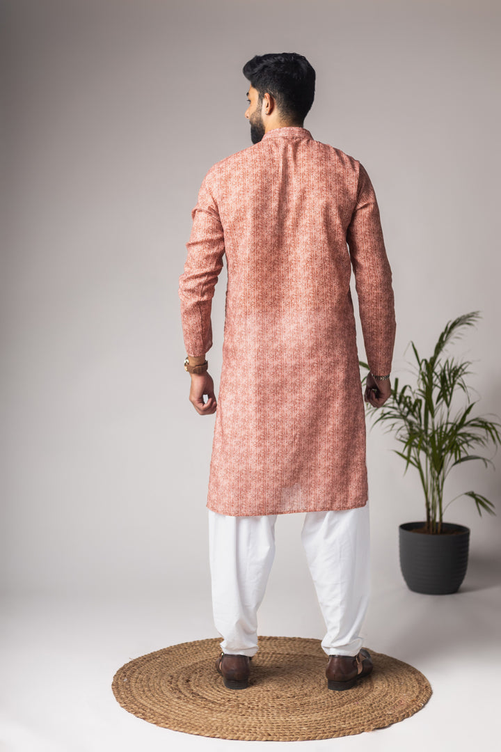 Women's Rust Blended Linen Designer Printed Festive Wear Men's Kurta Payjama