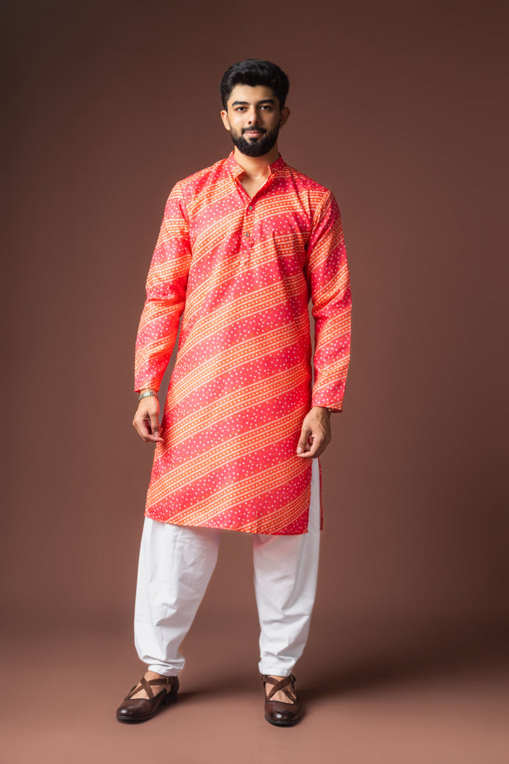 Women's Pink Blended Linen Designer Printed Festive Wear Men's Kurta Payjama