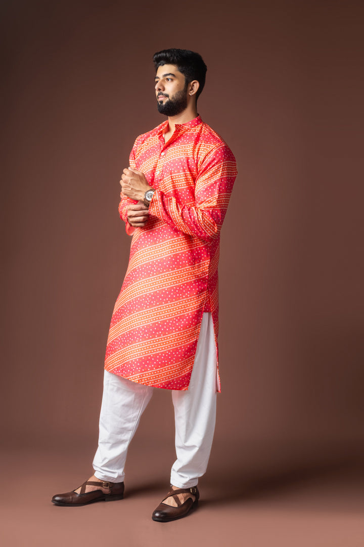 Women's Pink Blended Linen Designer Printed Festive Wear Men's Kurta Payjama