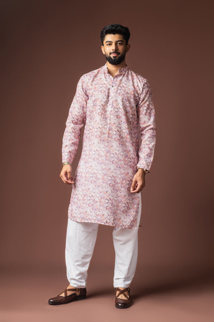 Women's Pink Blended Linen Designer Printed Stylish Kurta Payjama For Mens'