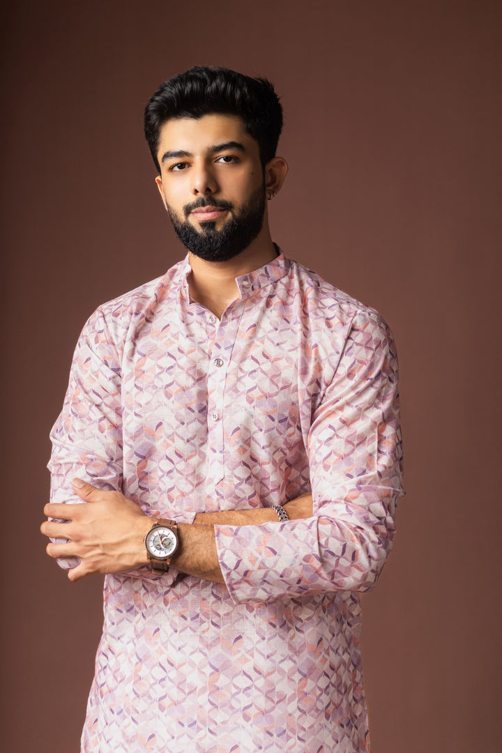 Women's Pink Blended Linen Designer Printed Stylish Kurta Payjama For Mens'