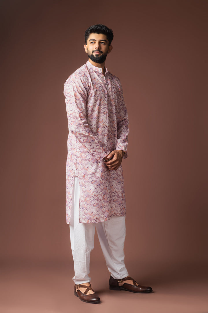 Women's Pink Blended Linen Designer Printed Stylish Kurta Payjama For Mens'