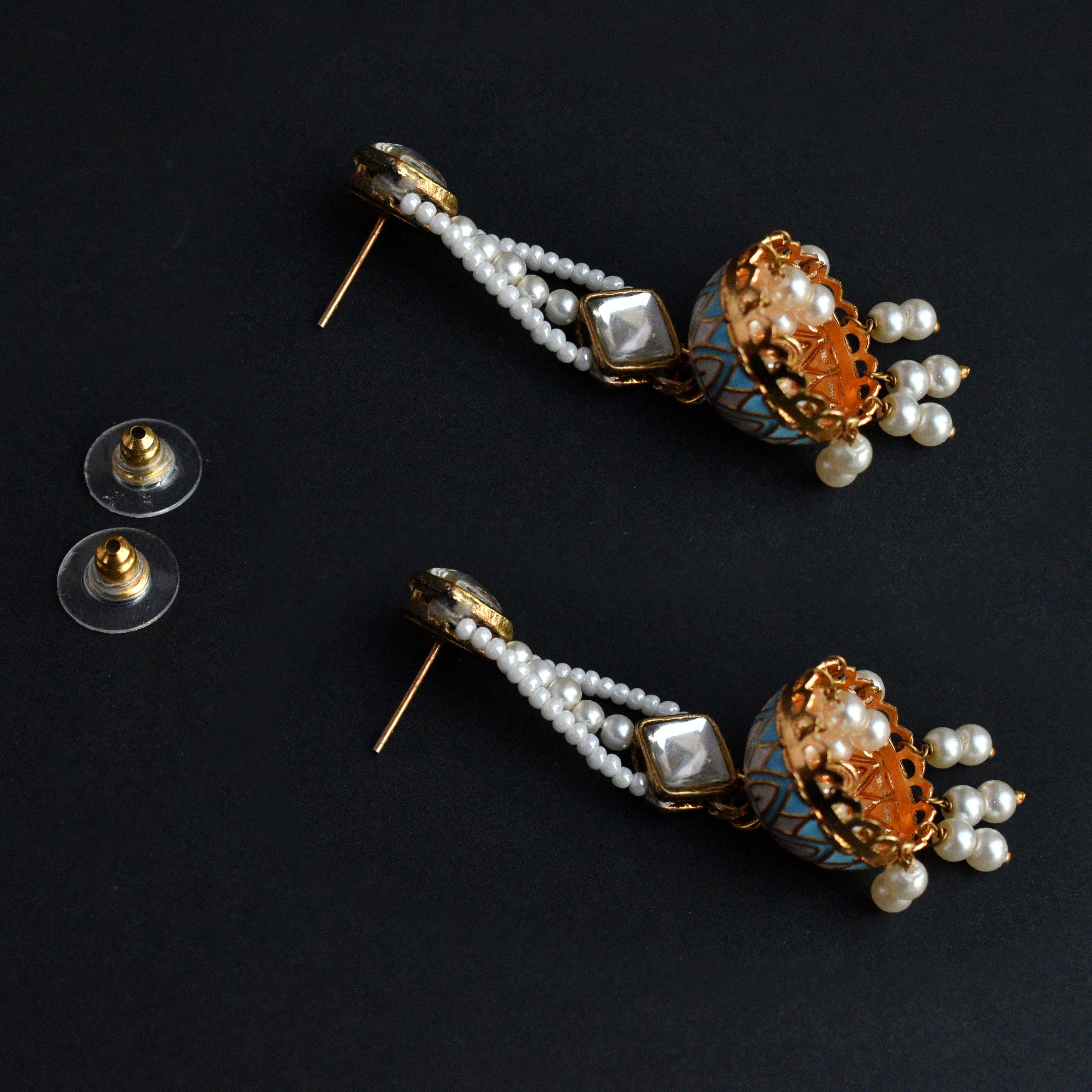 Women's Kundan & Blue Jhumki Earrings