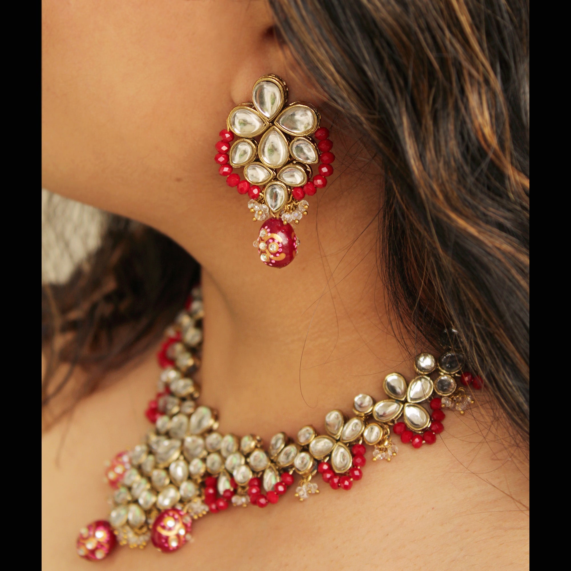 Women's Red Crescent Kundan Earring