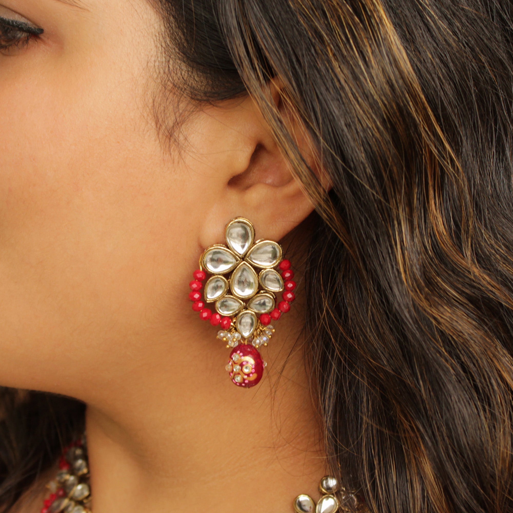 Women's Red Crescent Kundan Earring