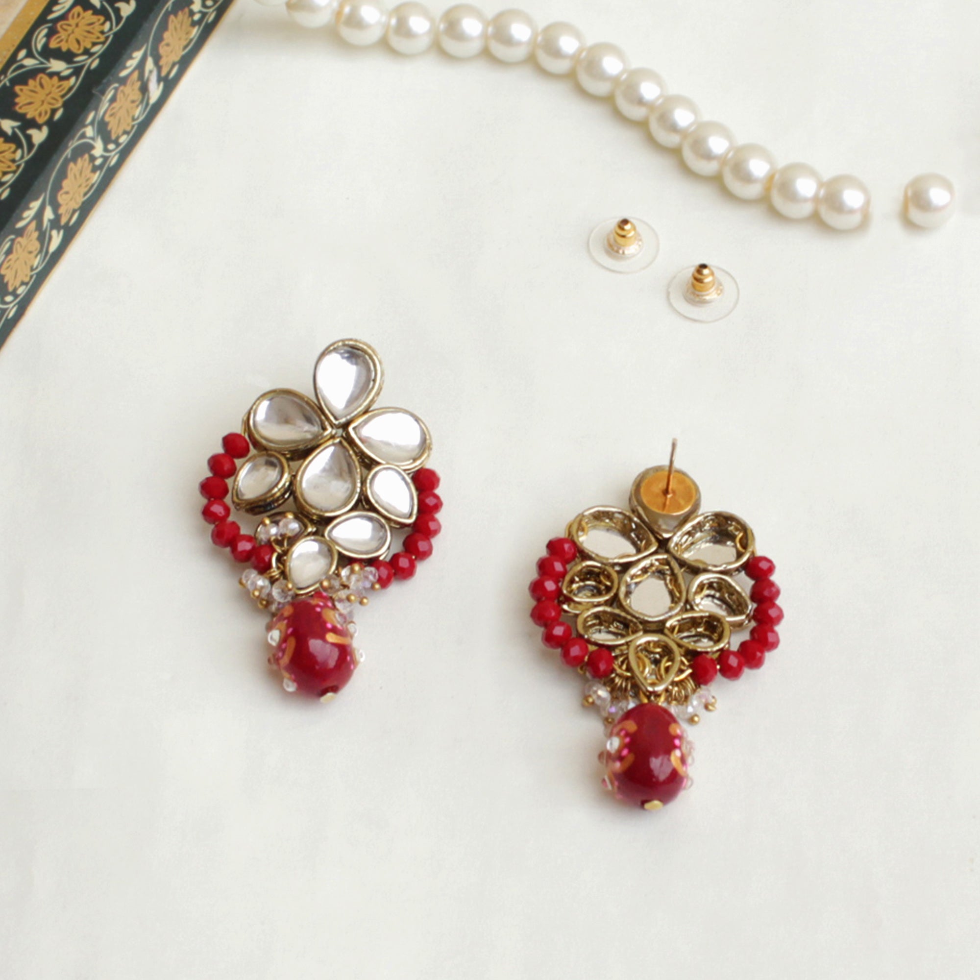 Women's Red Crescent Kundan Earring