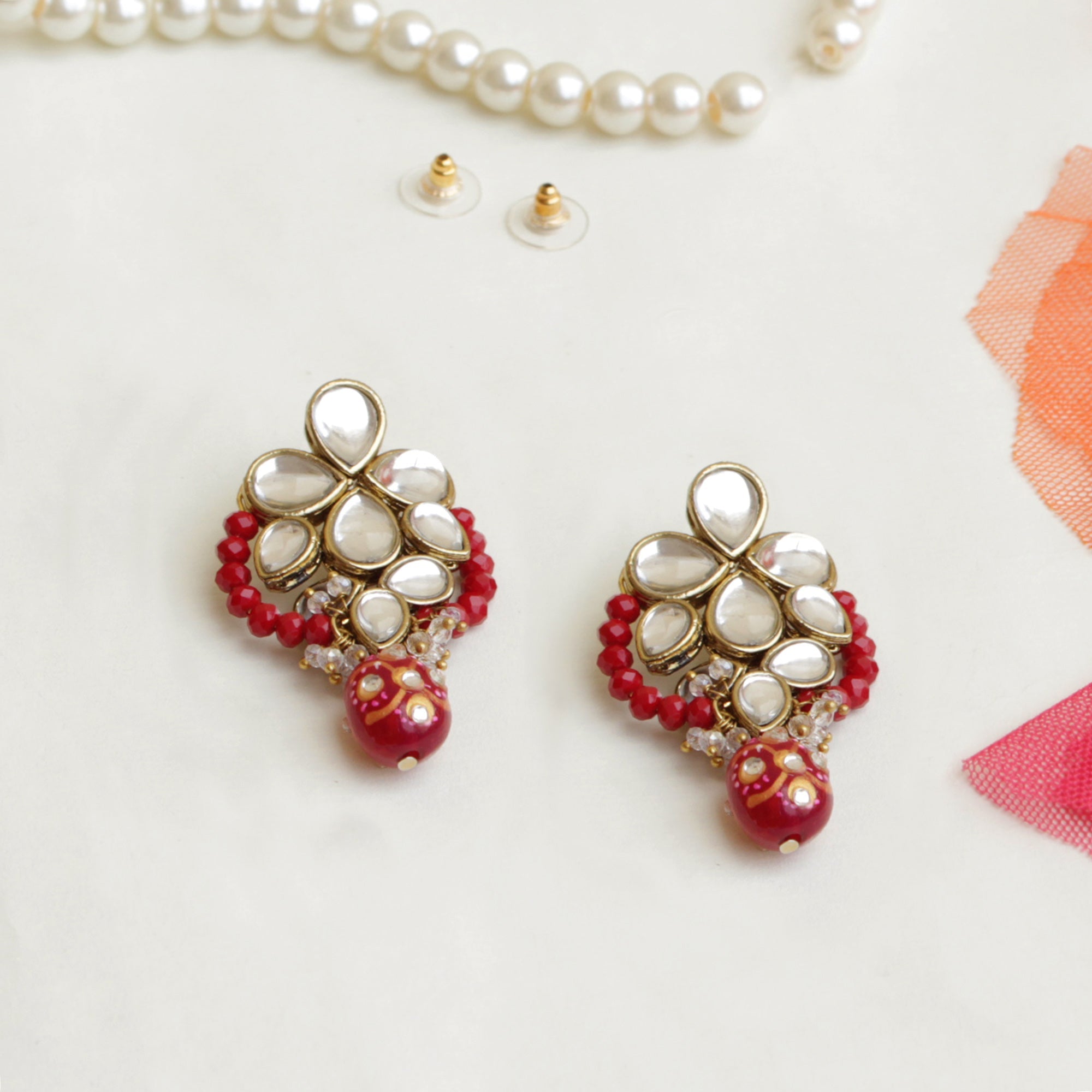 Women's Red Crescent Kundan Earring