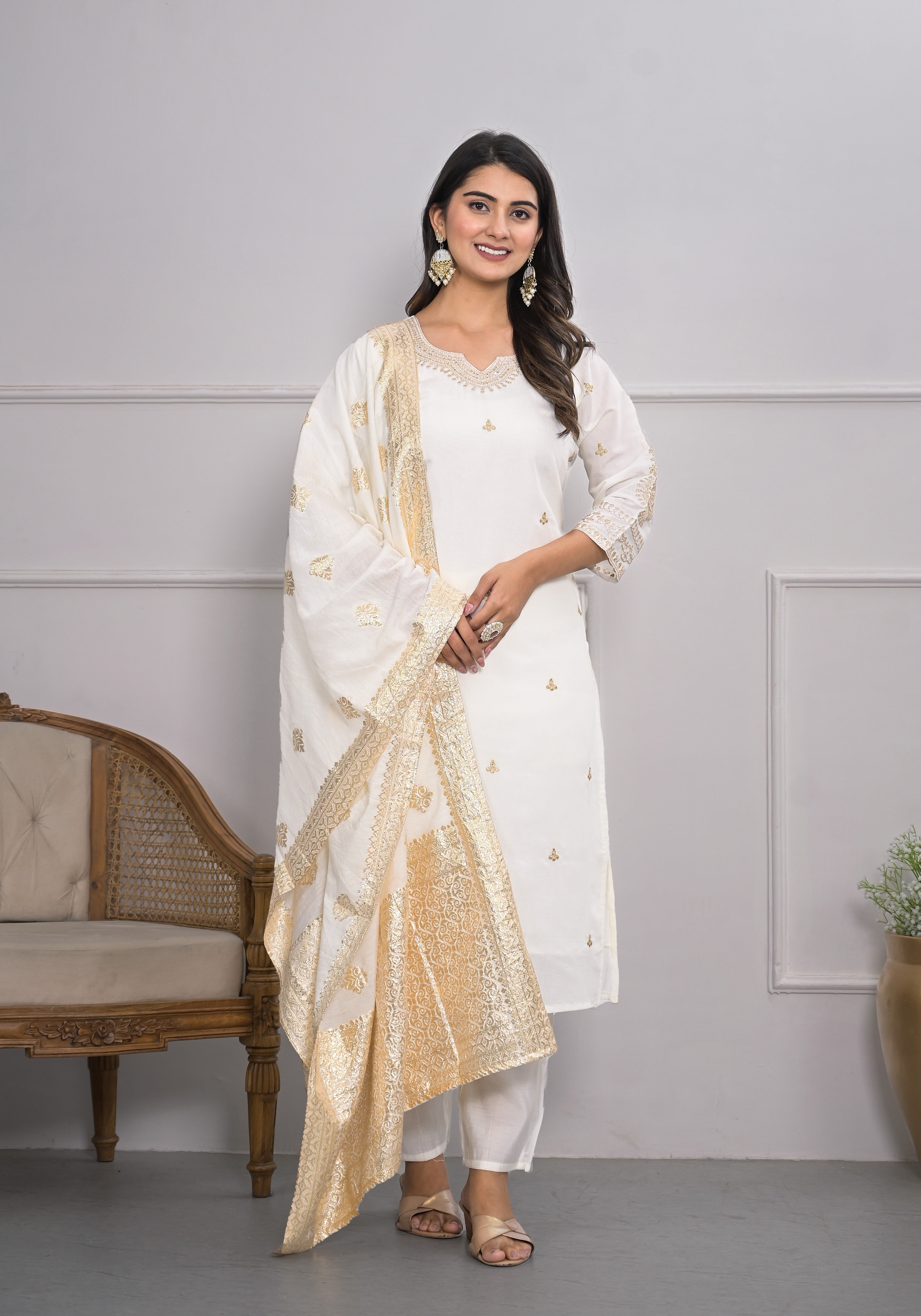 Women's White Art Silk Resham Embroidery Kurta Set - Ksm Prints