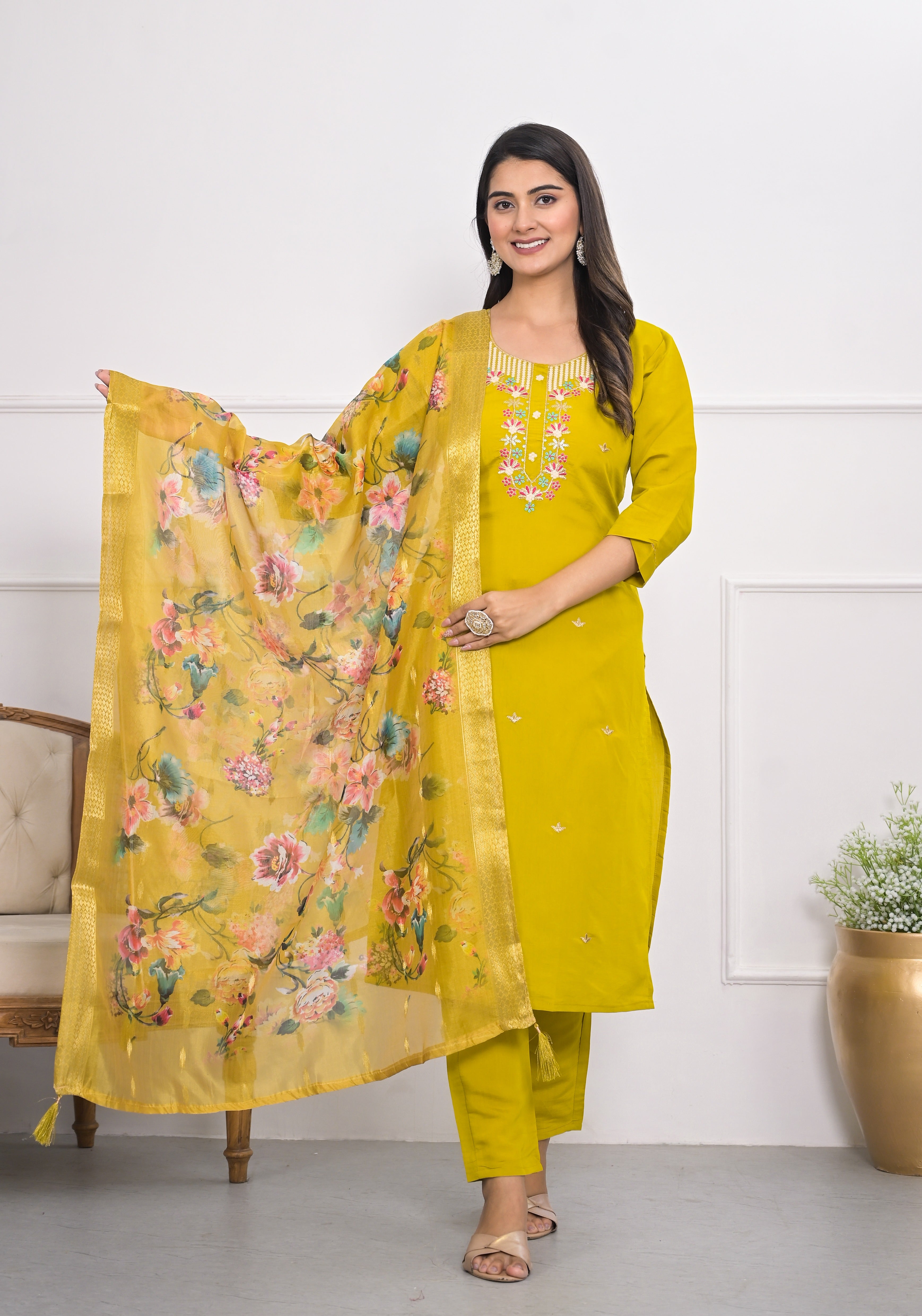 Women's Yellow Art Silk Resham Embroidery Kurta Set - Ksm Prints