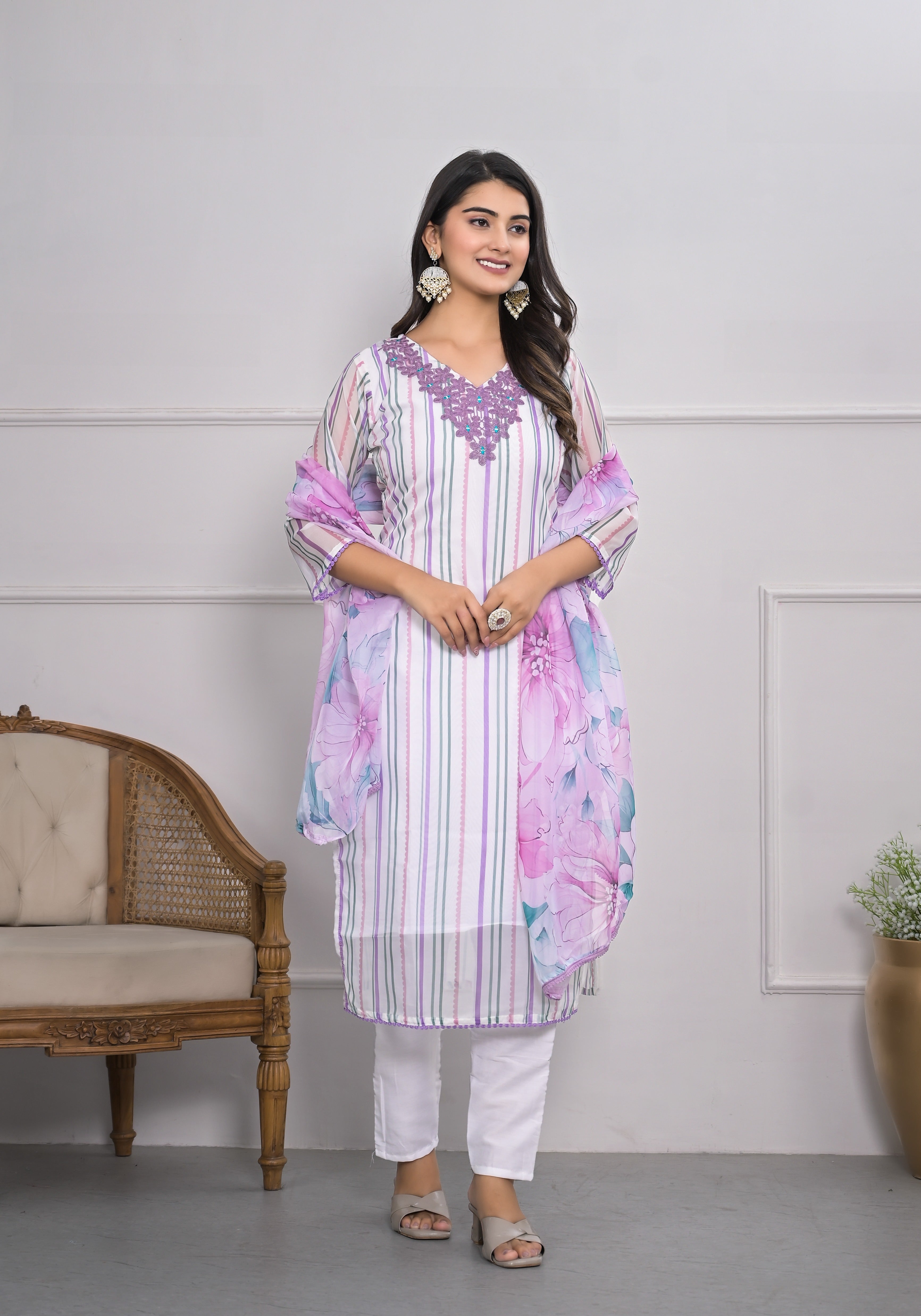 Women's White Art Silk Resham Embroidery Kurta Set - Ksm Prints