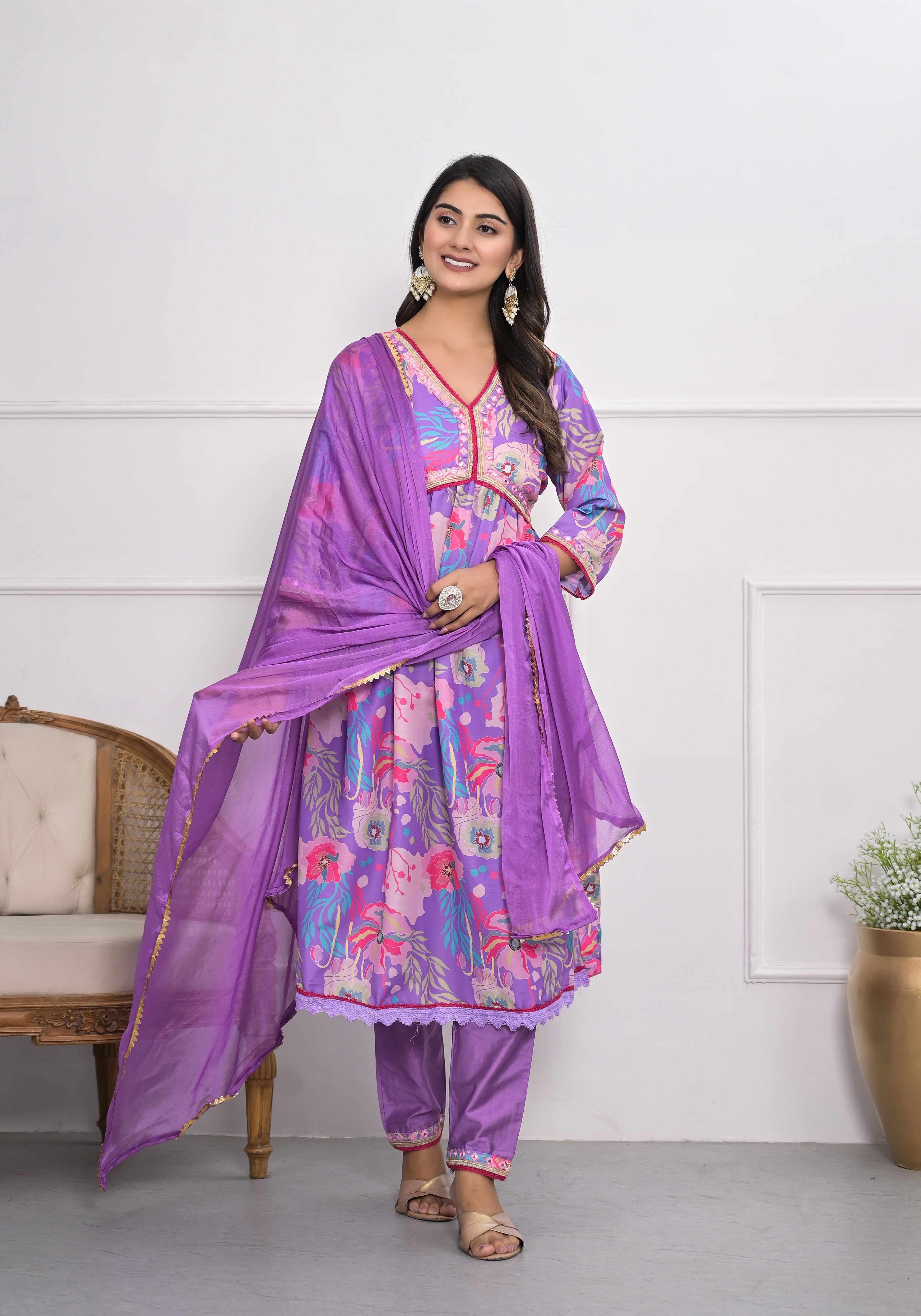 Women's Purple Art Silk Resham Embroidery Kurta Set - Ksm Prints