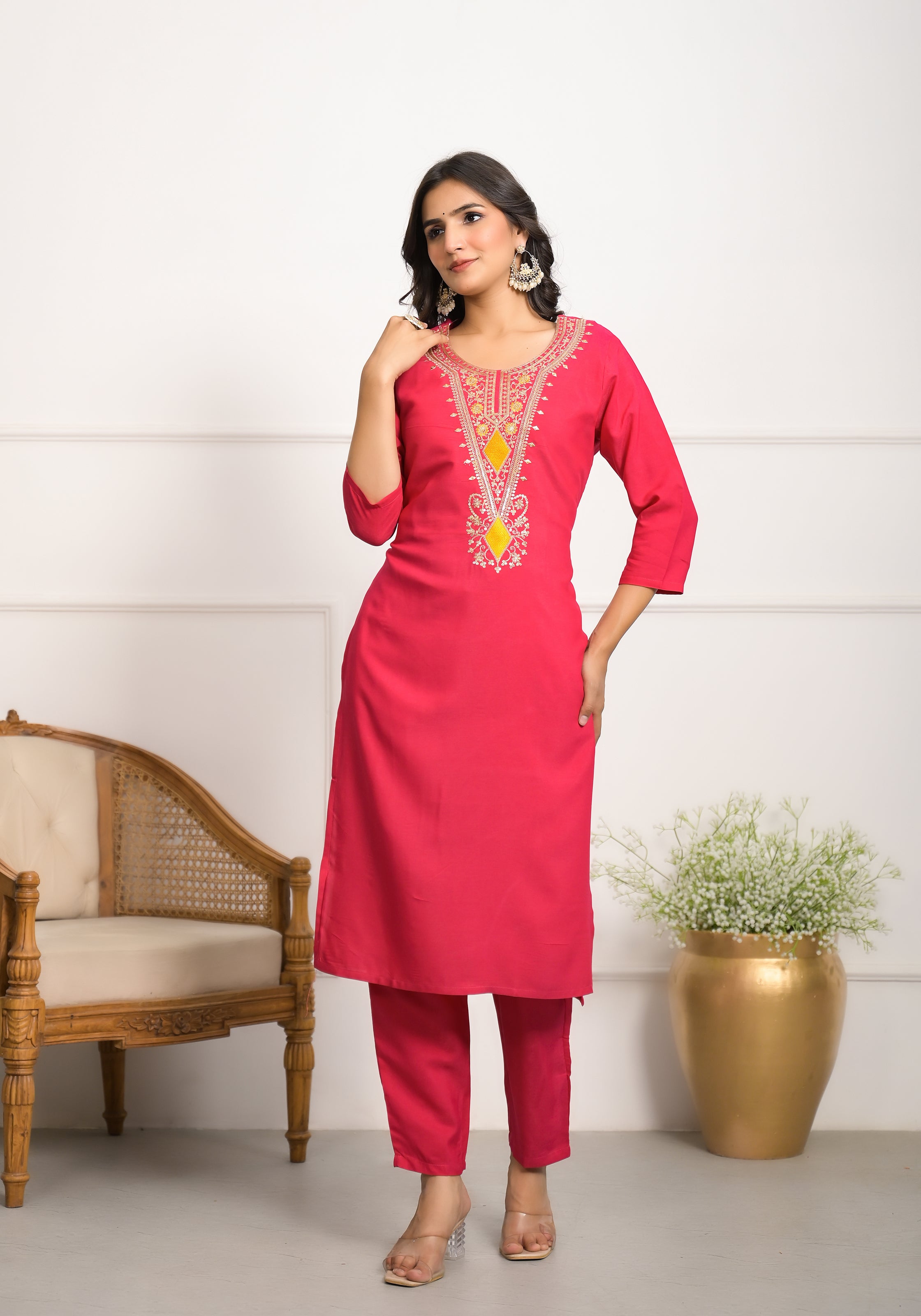 Women's Pink Viscose Resham Embroidery Kurta Set - Ksm Prints