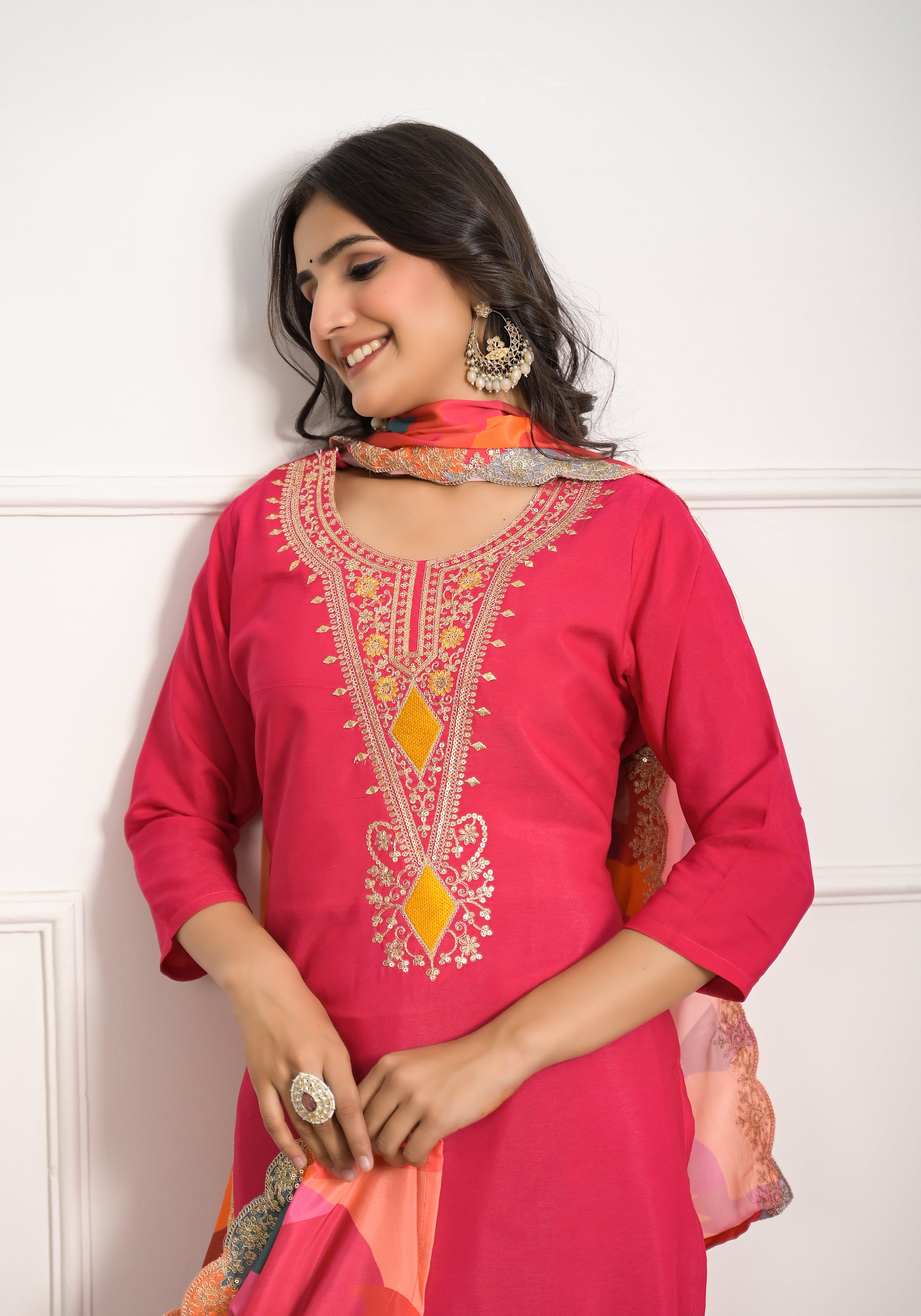 Women's Pink Viscose Resham Embroidery Kurta Set - Ksm Prints