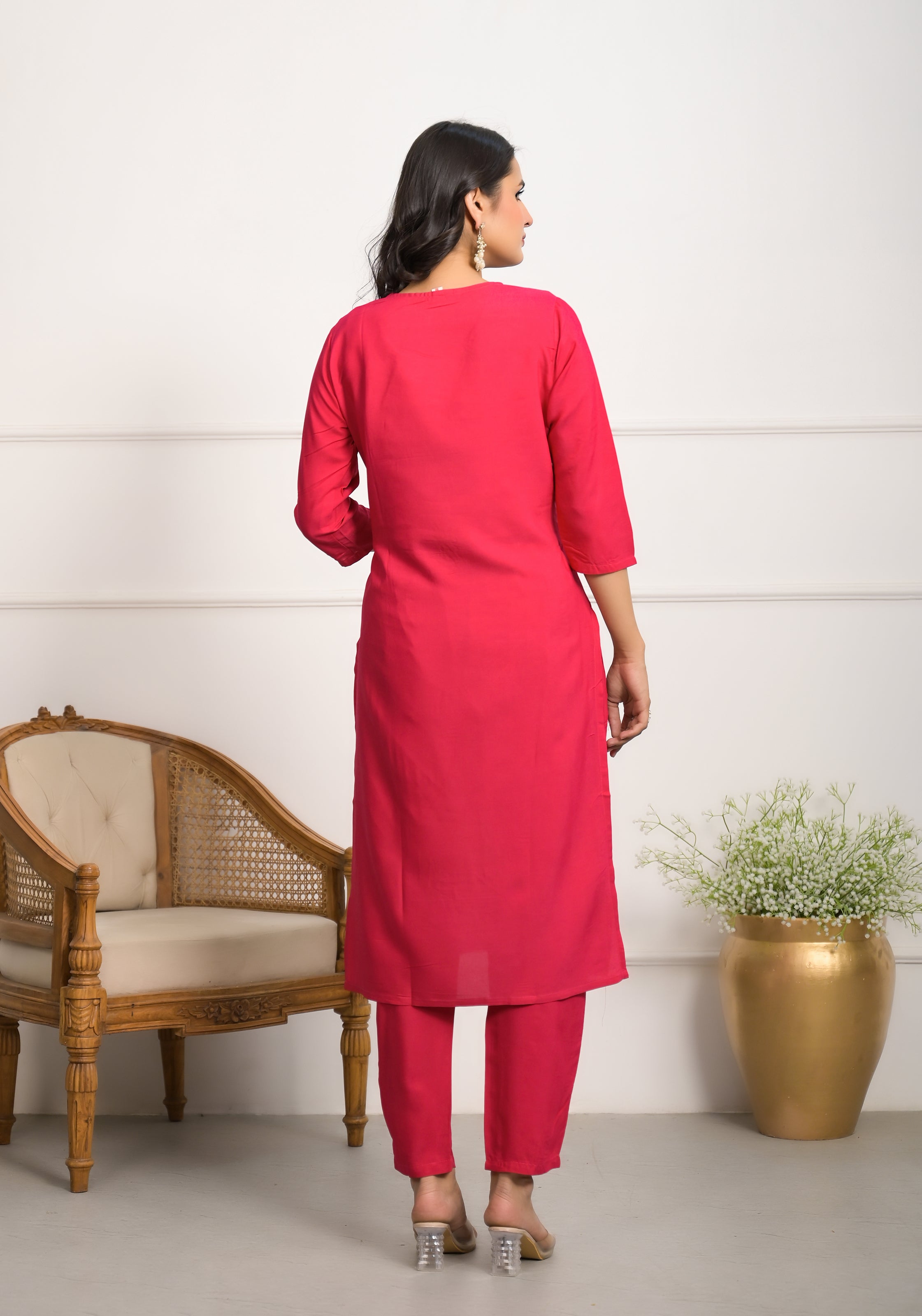 Women's Pink Viscose Resham Embroidery Kurta Set - Ksm Prints