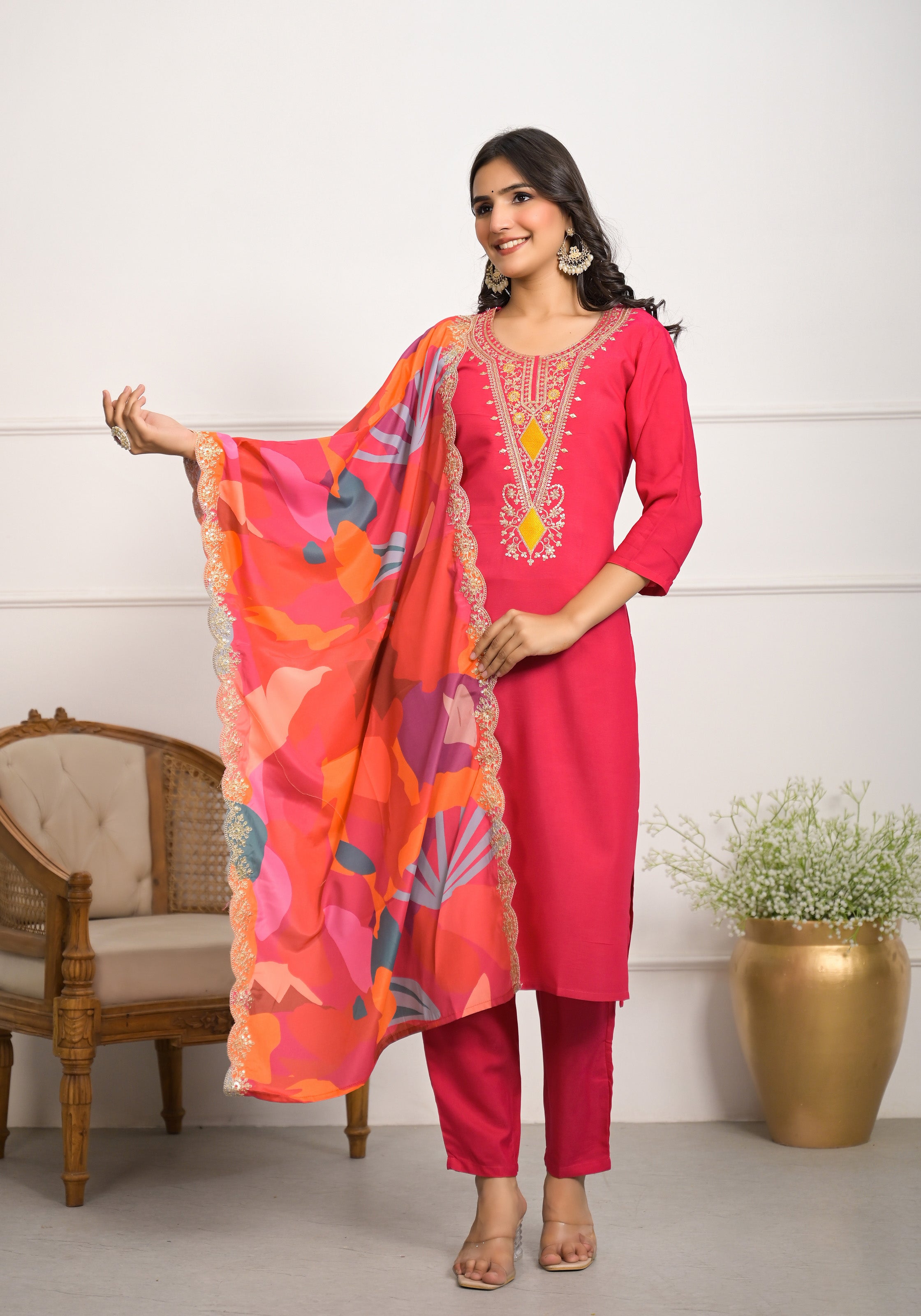 Women's Pink Viscose Resham Embroidery Kurta Set - Ksm Prints