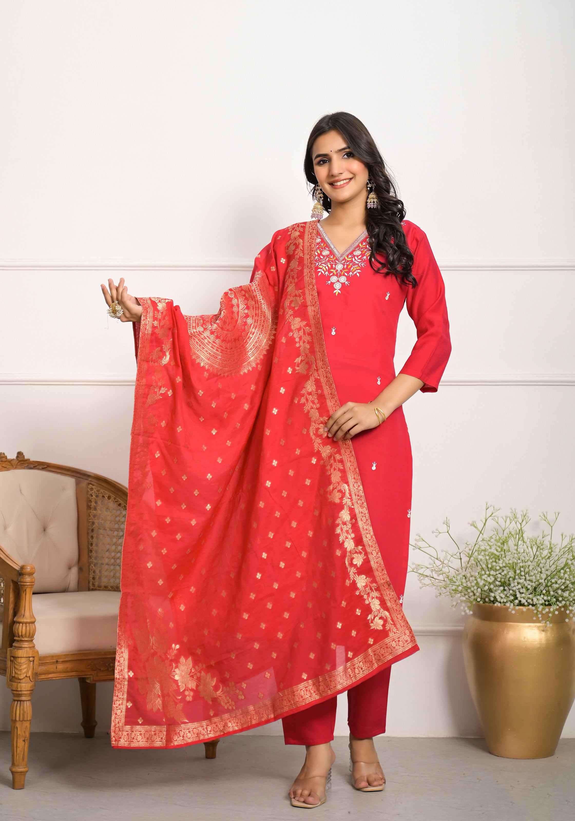 Women's Pink Chanderi Resham Embroidery Kurta Set - Ksm Prints