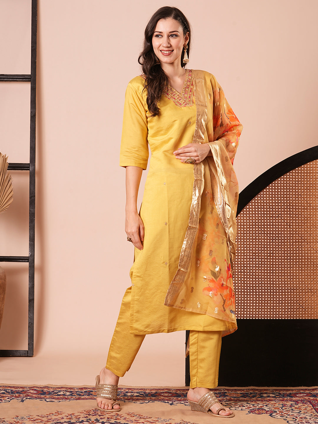 Women's Yellow Chanderi Resham Embroidery Kurta Set - Ksm Prints