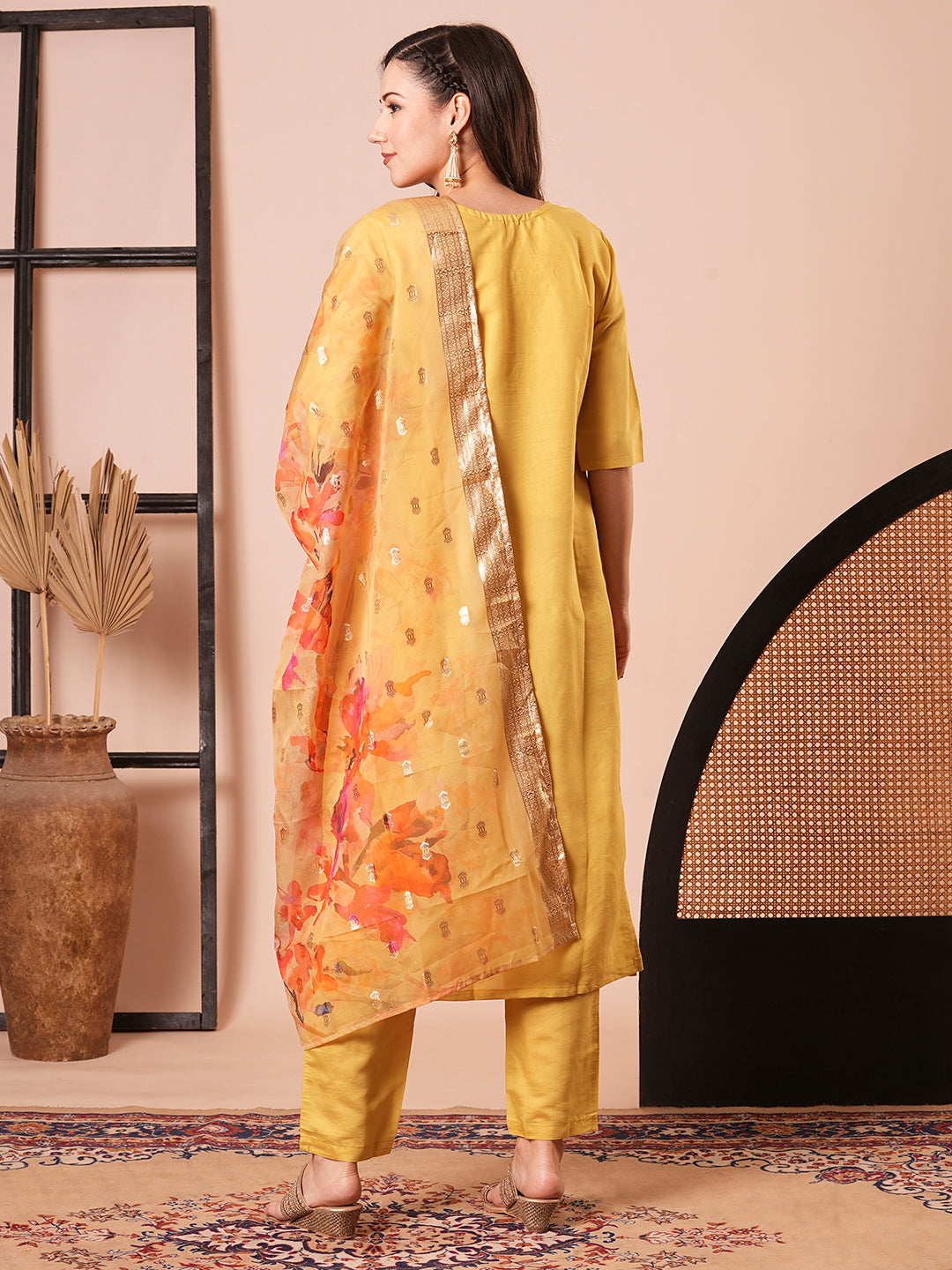 Women's Yellow Chanderi Resham Embroidery Kurta Set - Ksm Prints