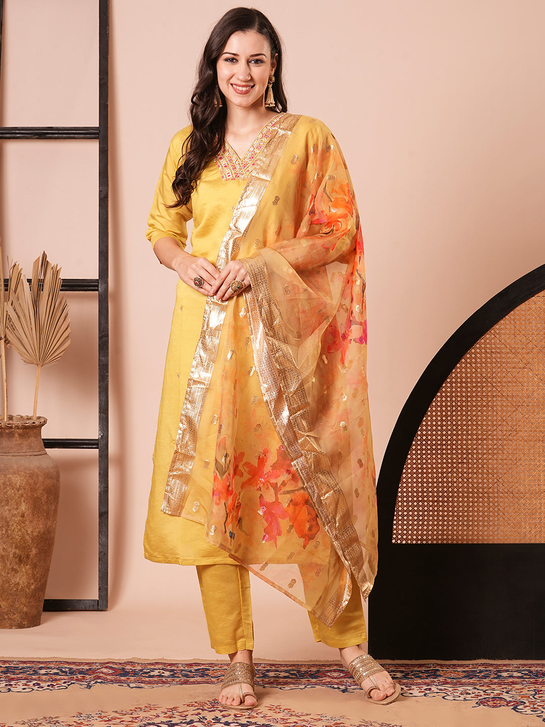 Women's Yellow Chanderi Resham Embroidery Kurta Set - Ksm Prints