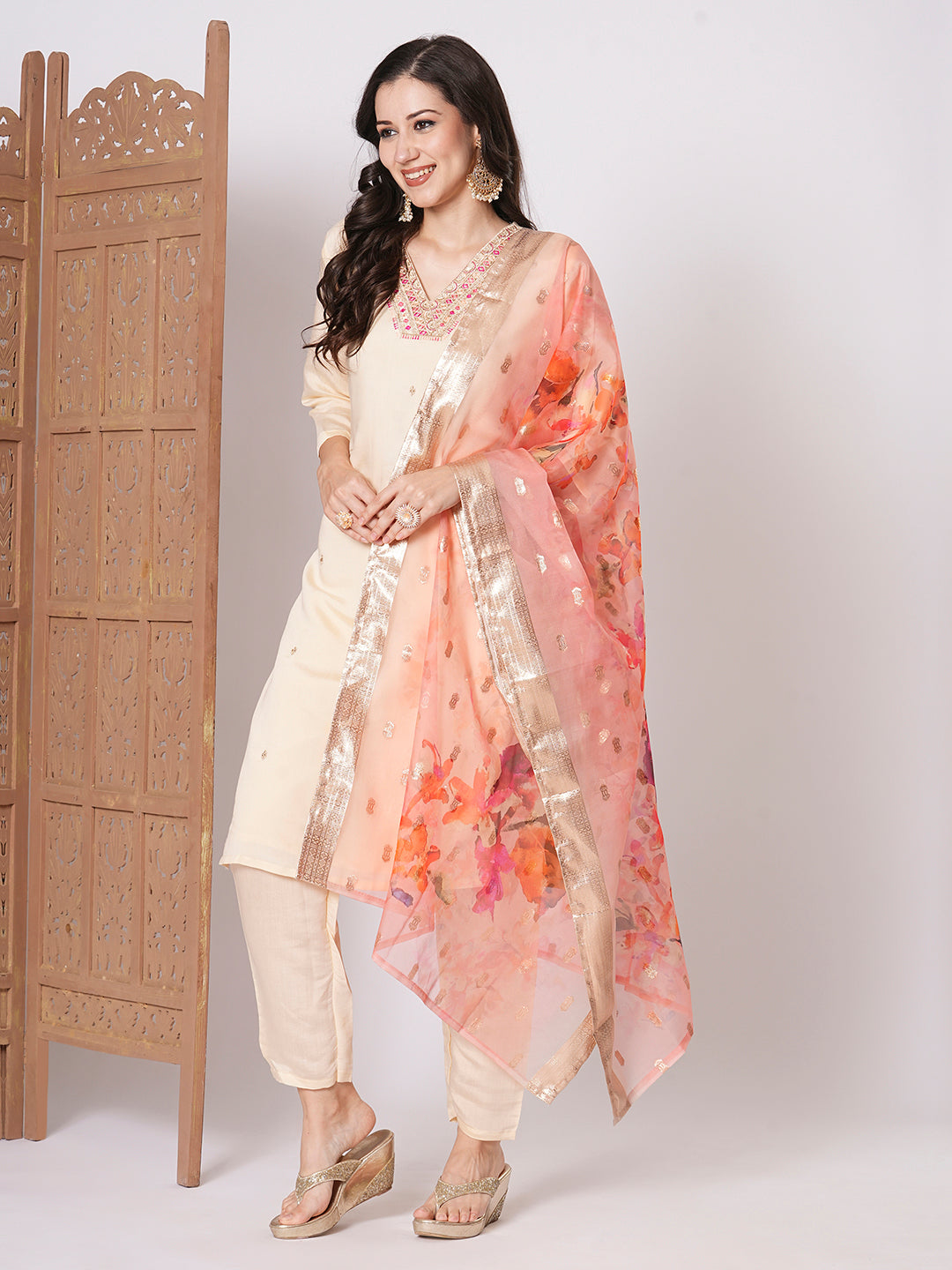 Women's Peach Chanderi Resham Embroidery Kurta Set - Ksm Prints