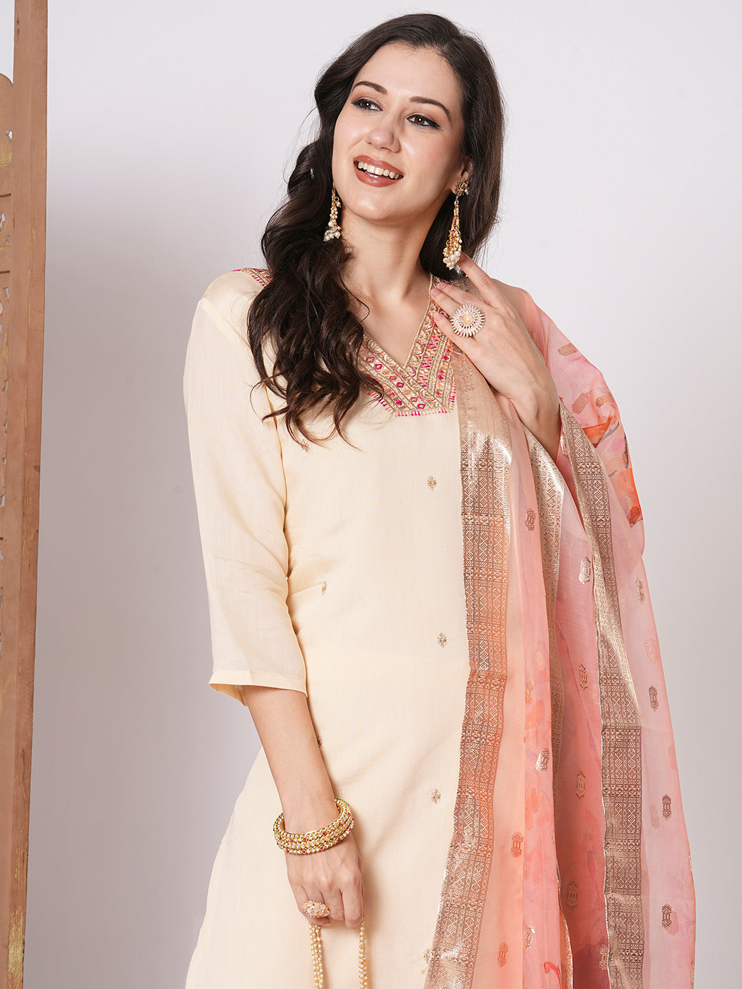 Women's Peach Chanderi Resham Embroidery Kurta Set - Ksm Prints