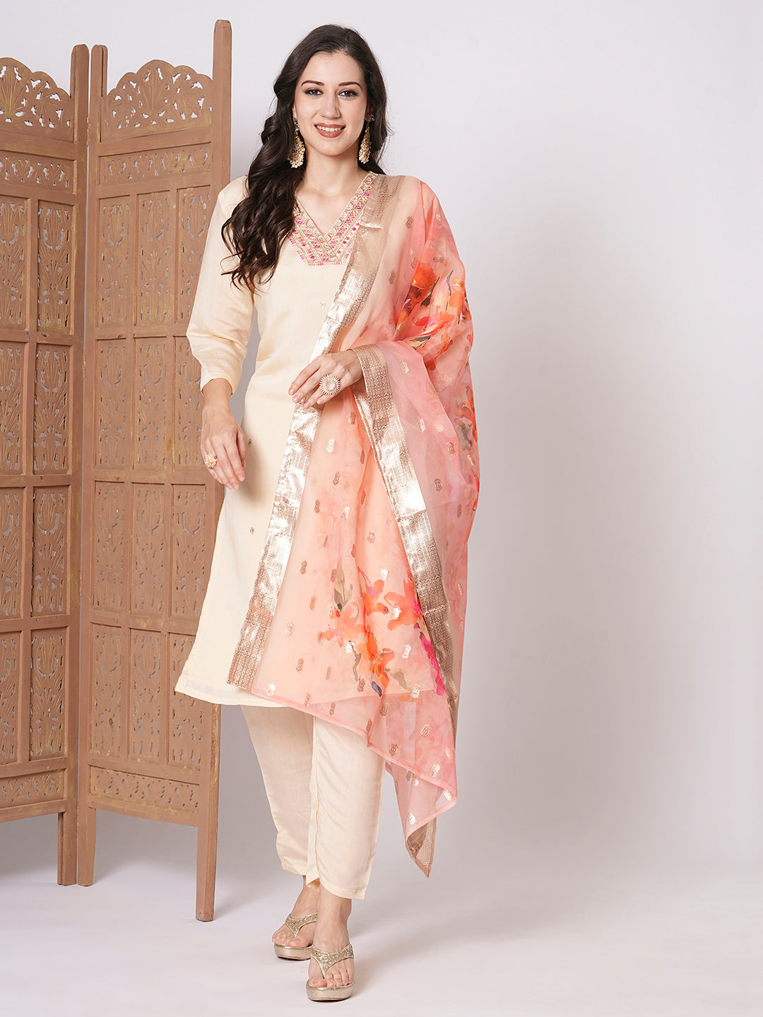 Women's Peach Chanderi Resham Embroidery Kurta Set - Ksm Prints