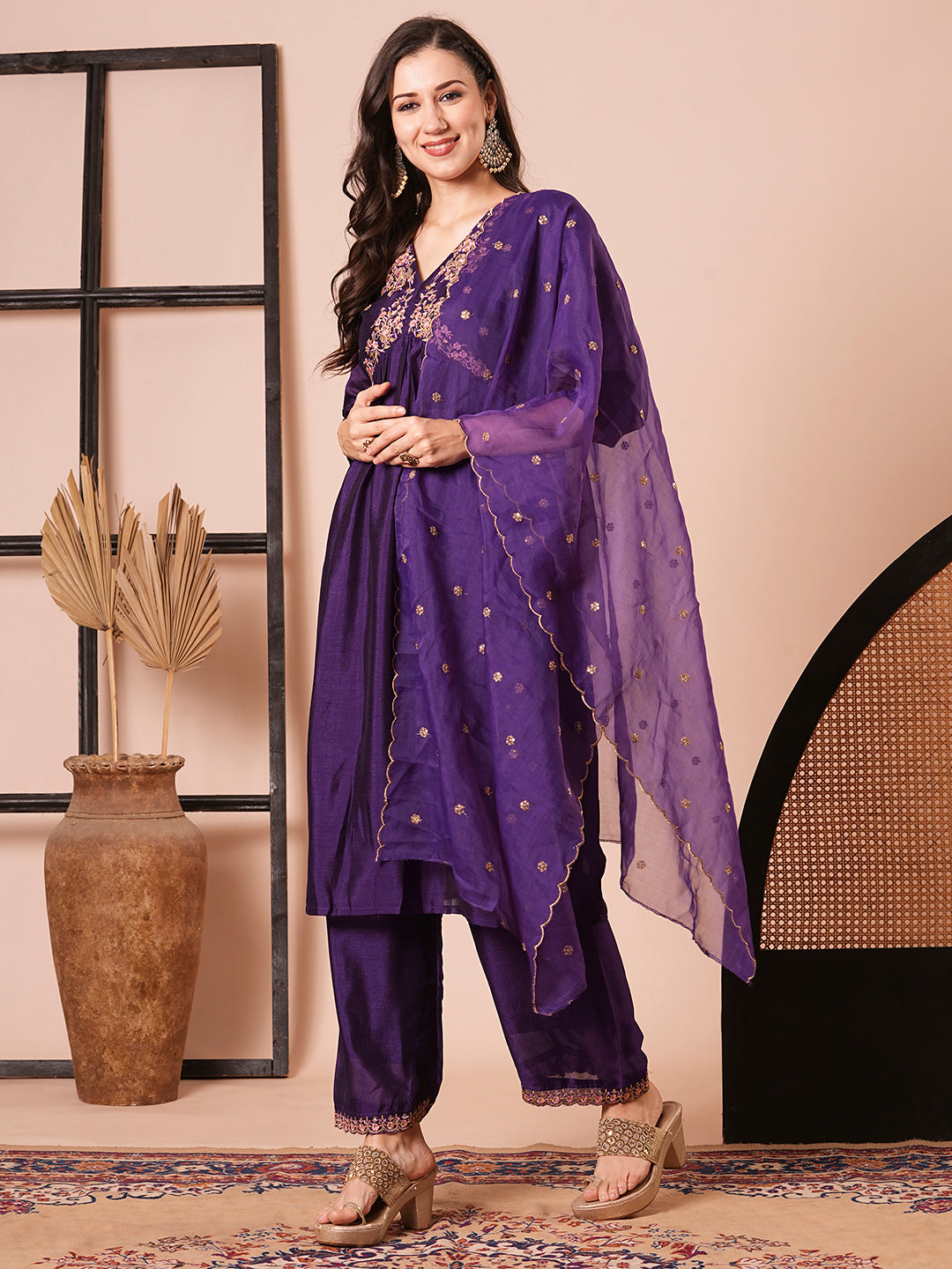 Women's Purple Art Silk Resham Embroidery Kurta Set - Ksm Prints