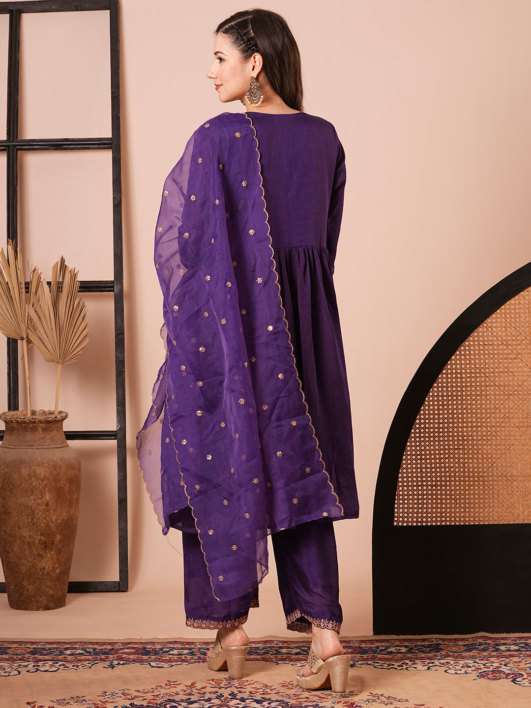 Women's Purple Art Silk Resham Embroidery Kurta Set - Ksm Prints