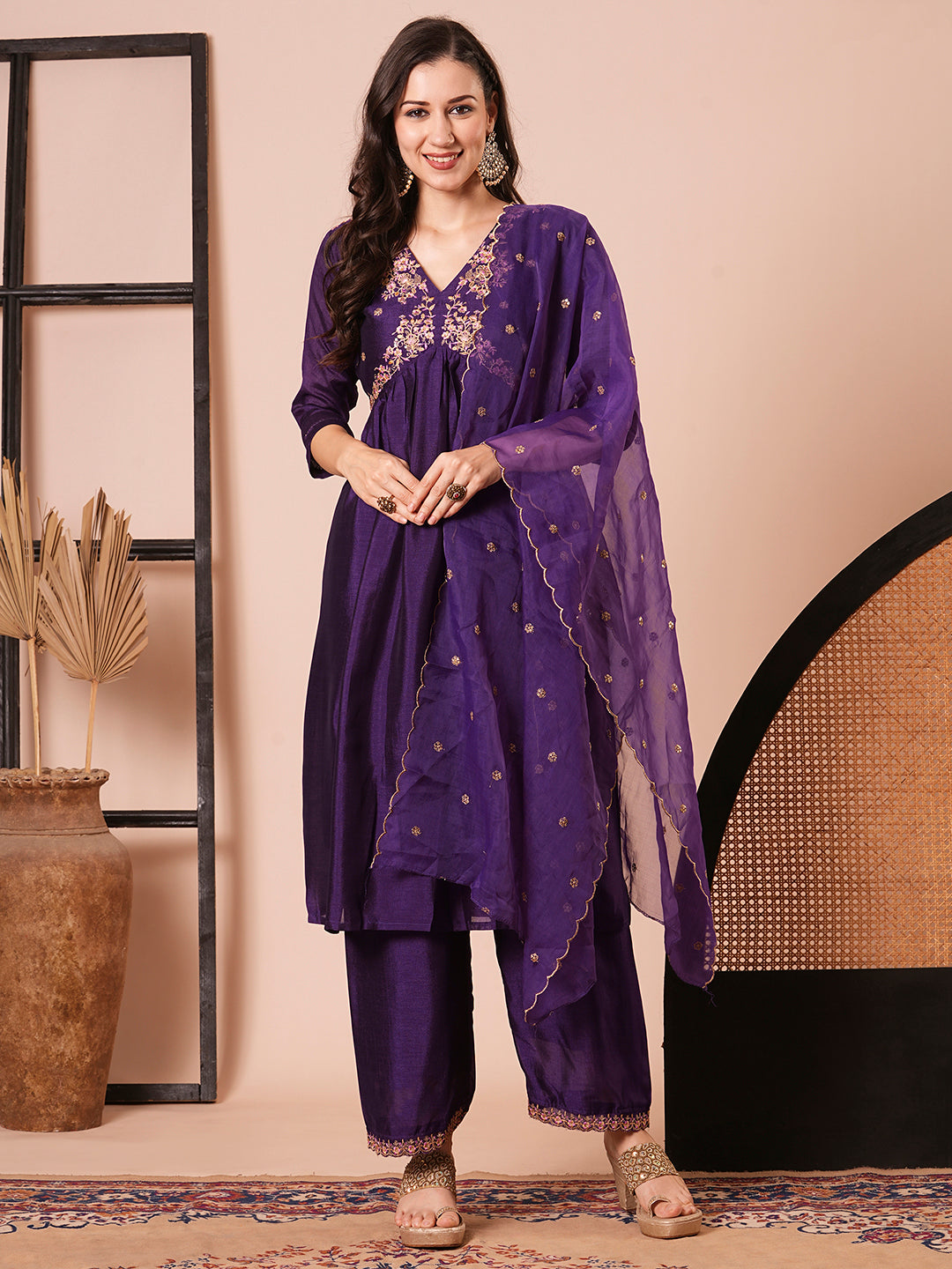 Women's Purple Art Silk Resham Embroidery Kurta Set - Ksm Prints