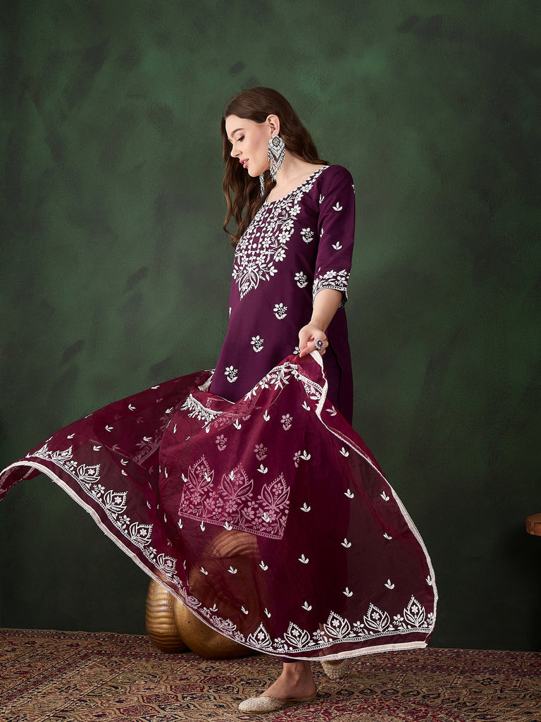 Women's Purple Art Silk Resham Embroidery Kurta Set