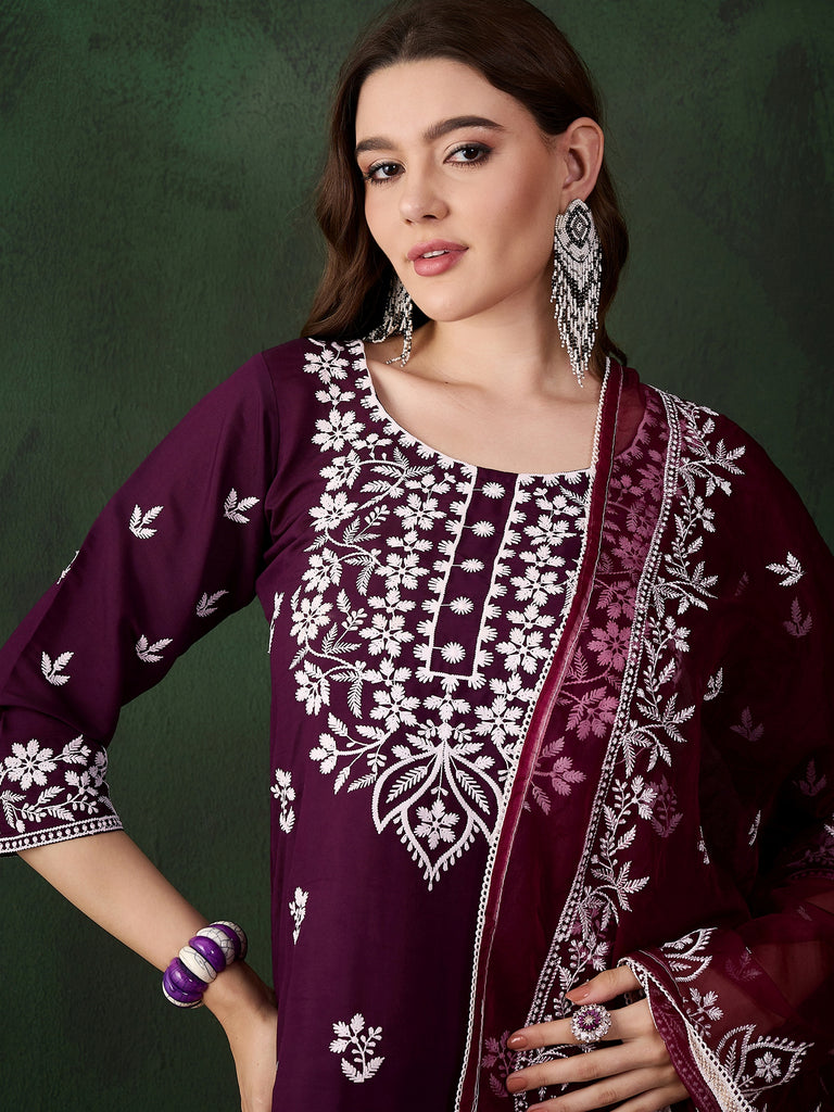 Women's Purple Art Silk Resham Embroidery Kurta Set
