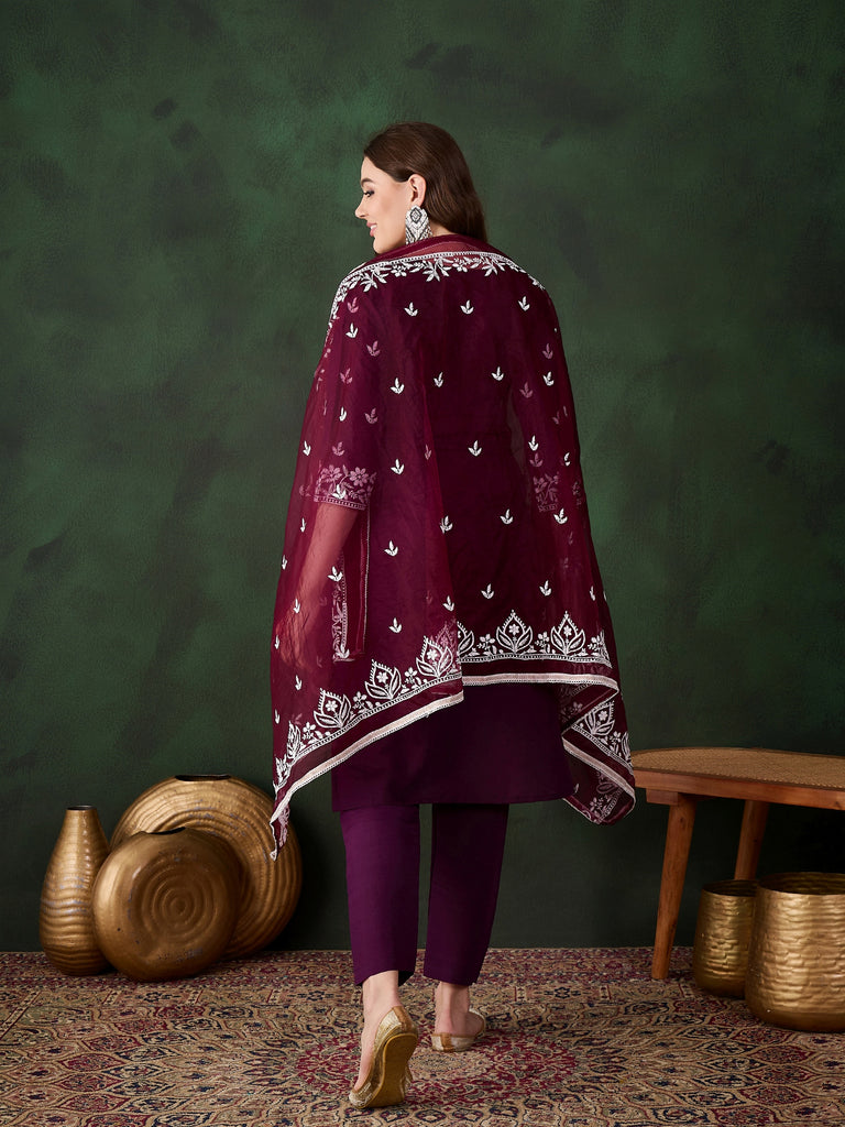 Women's Purple Art Silk Resham Embroidery Kurta Set