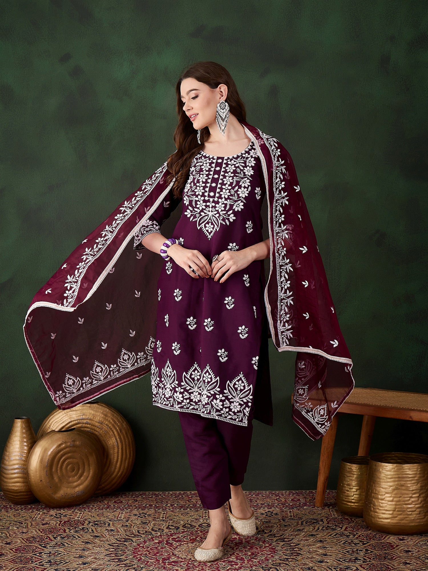 Women's Purple Art Silk Resham Embroidery Kurta Set - Ksm Prints