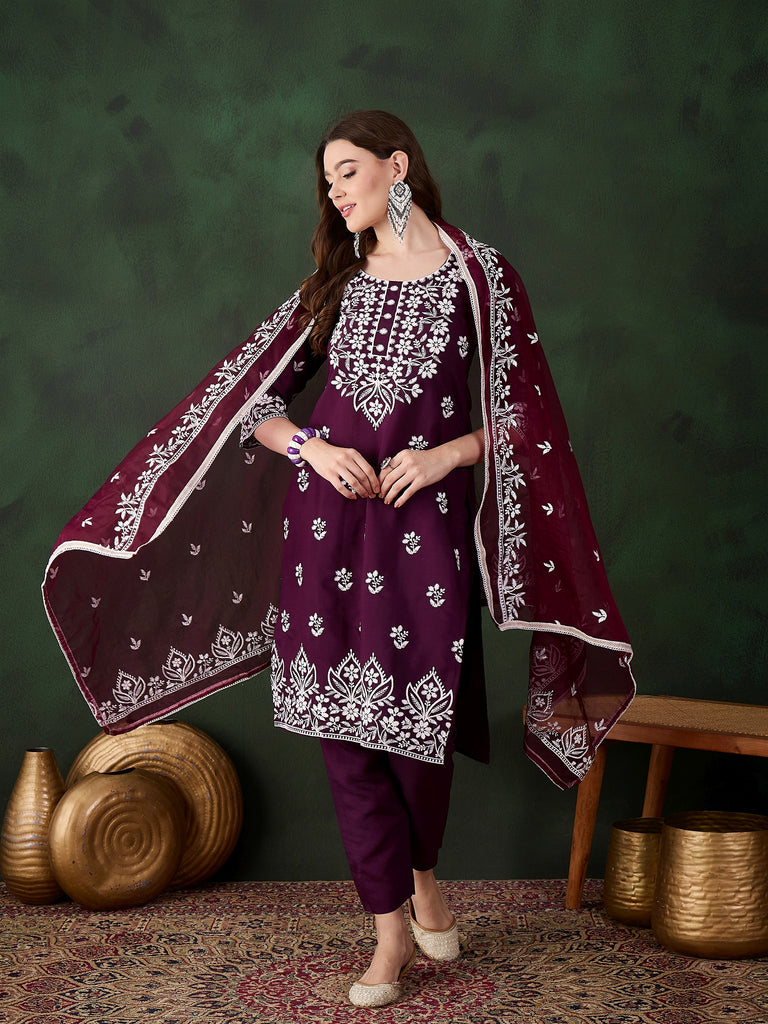 Women's Purple Art Silk Resham Embroidery Kurta Set