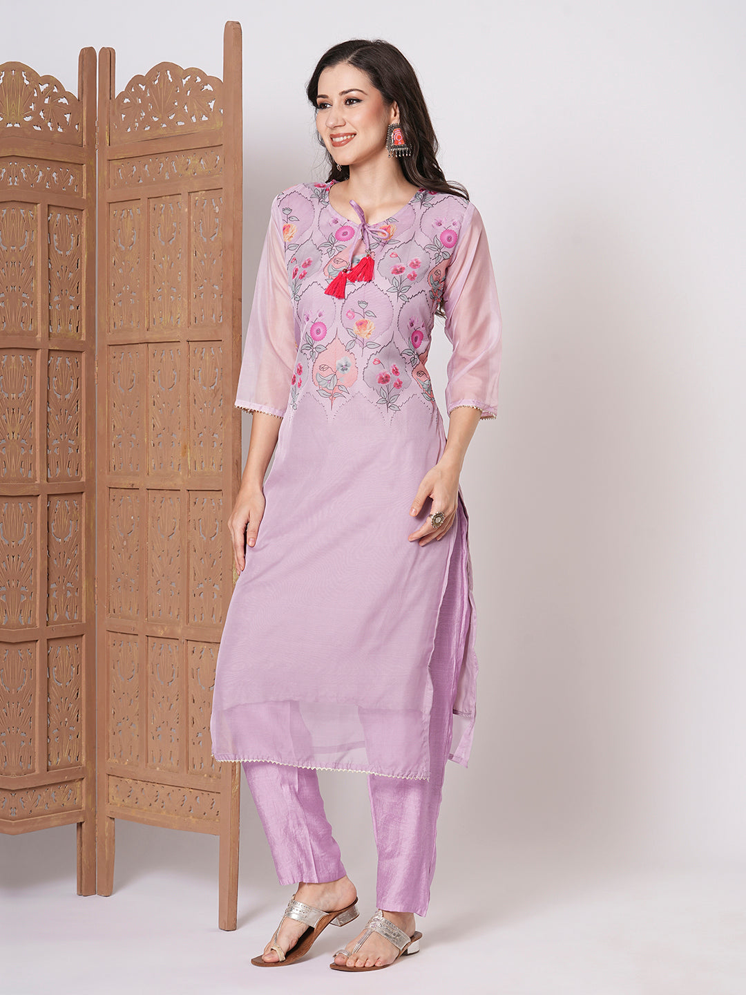 Women's Purple Art Silk Resham Embroidery Kurta Set - Ksm Prints