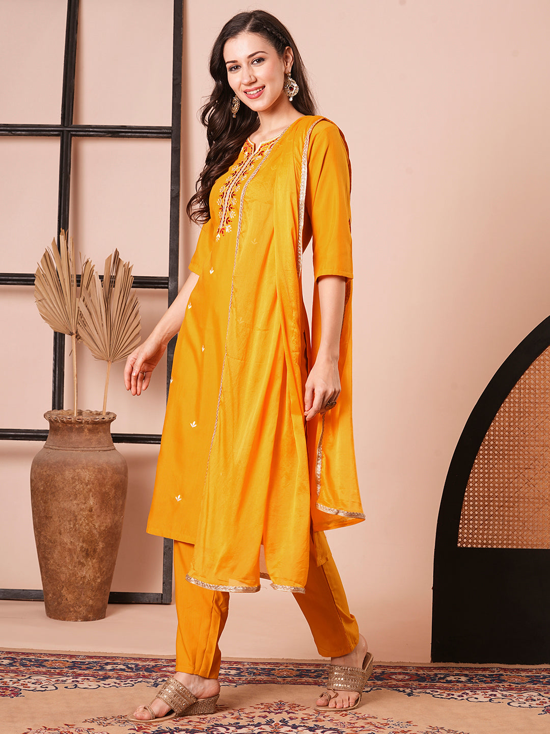 Women's Orange Rayon Resham Embroidery Kurta Set - Ksm Prints