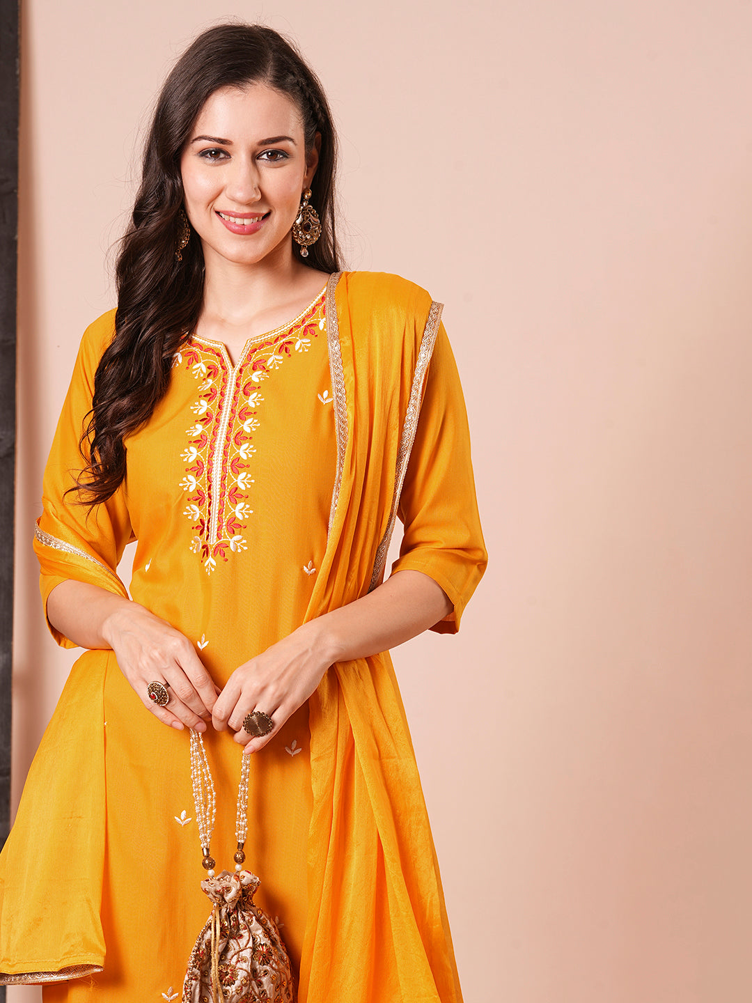 Women's Orange Rayon Resham Embroidery Kurta Set - Ksm Prints